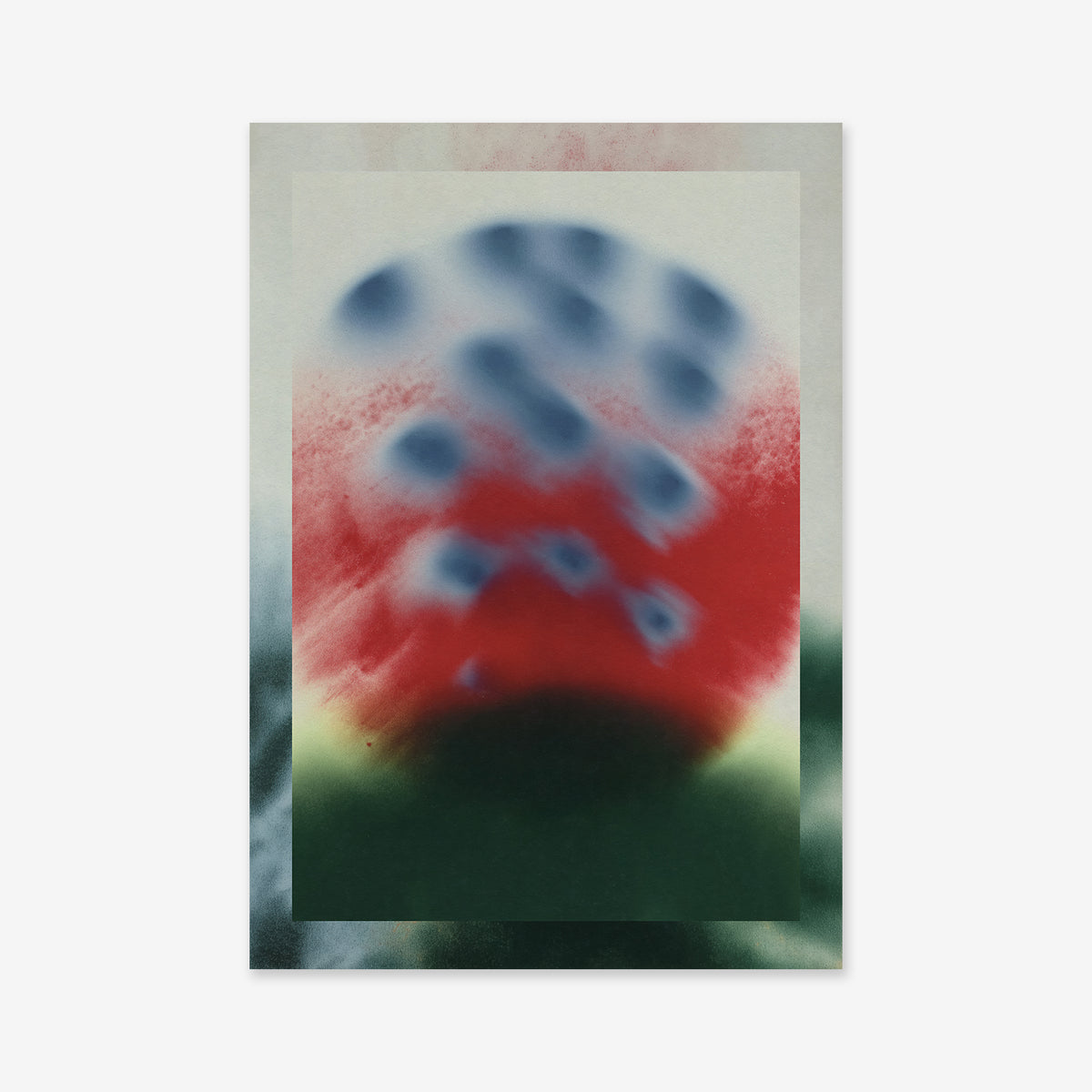 Motion" features abstract art with a blurred red and green background, blue spots, soft airbrushed effect, and a sleek rectangular border—an ideal Giclée print to enhance any modern space.