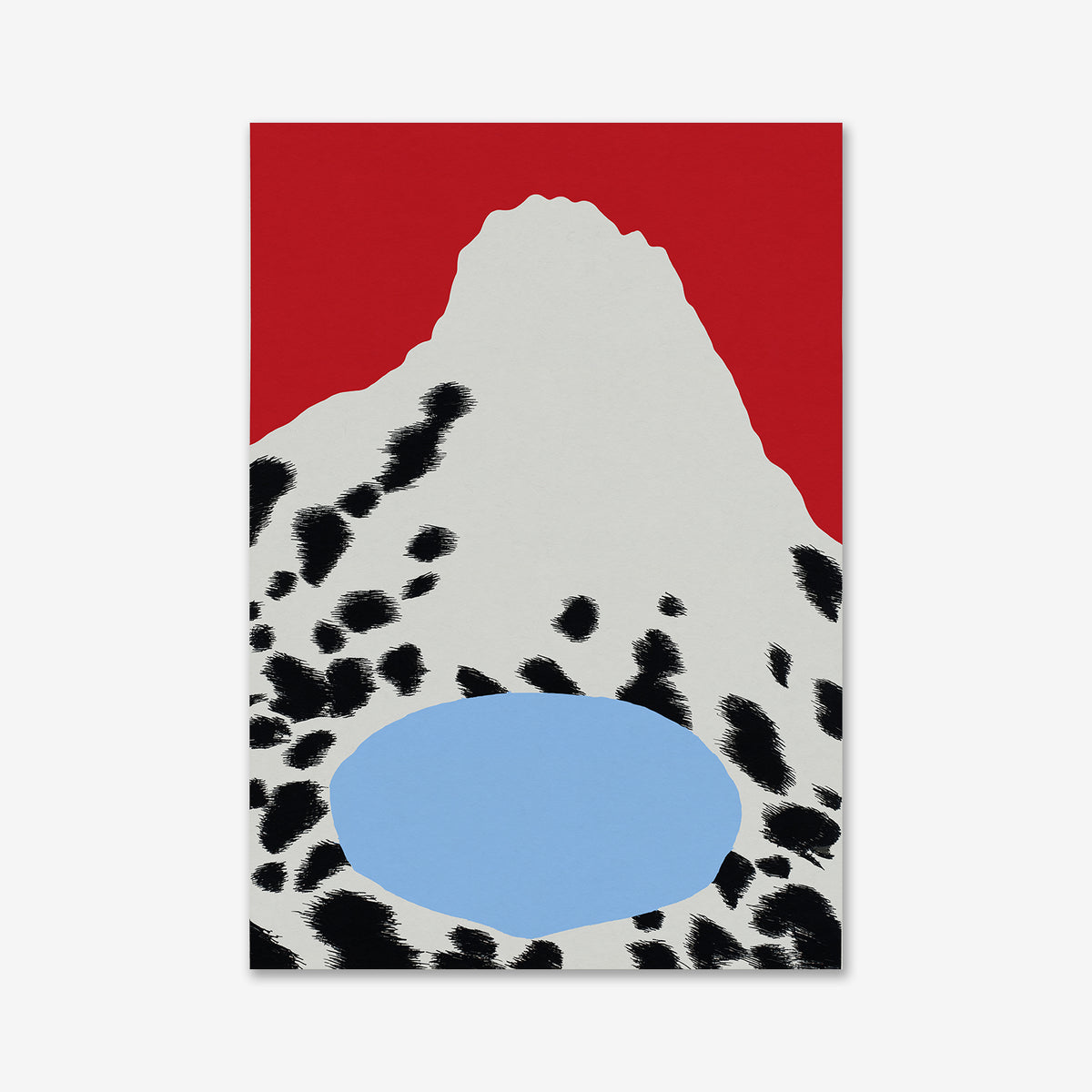 Mountain lake No. 2: A minimalist Giclée art print featuring a white mountain with black spots, a light blue oval lake, and a solid red sky. Printed on premium matte archival paper—a perfect unique poster for modern spaces.