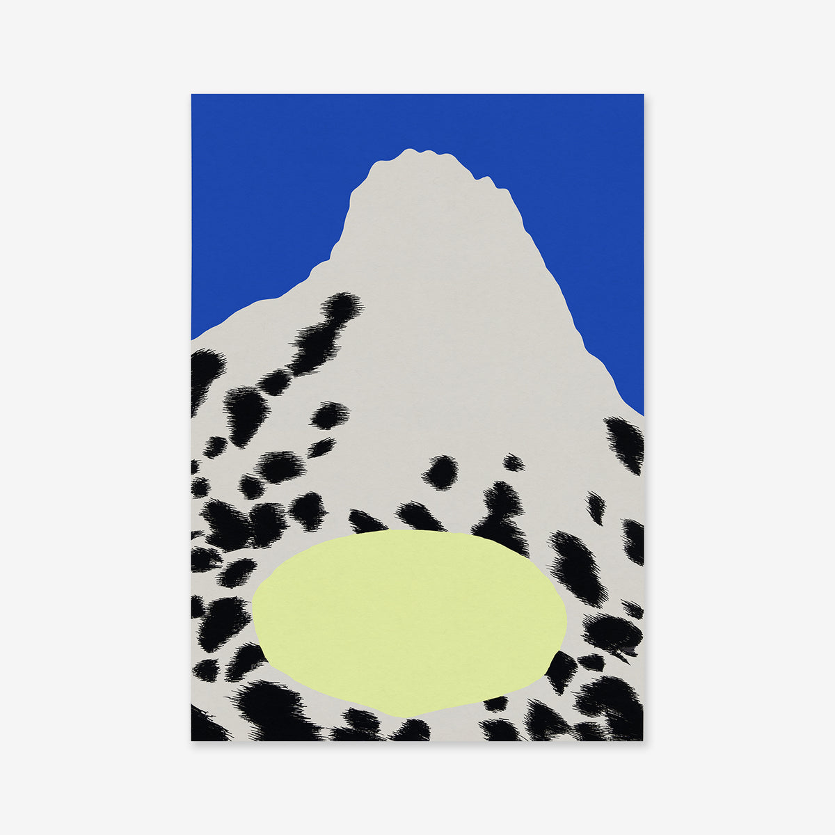 Mountain lake No. 1 features a gray, jagged mountain with black spots beneath a deep blue sky and a pale yellow-green oval at the base—ideal as a Giclée art print to enhance any modern interior.