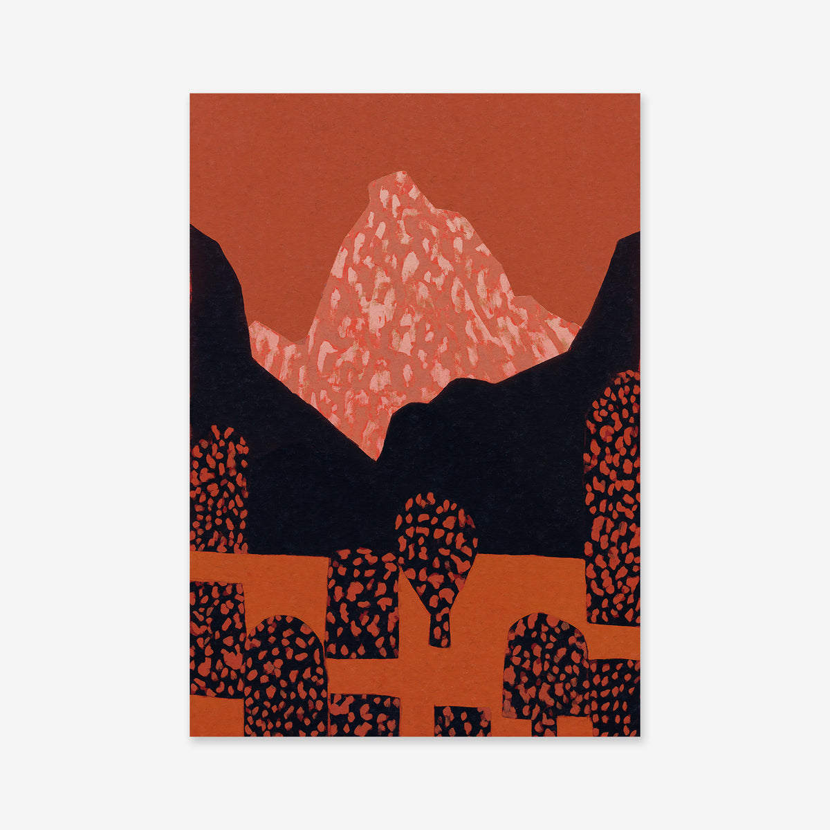 Mountain view is a giclée art print featuring an abstract red and pink patterned mountain, stylized dark trees, and red spots in the foreground, printed on premium archival paper—perfect for modern interiors.