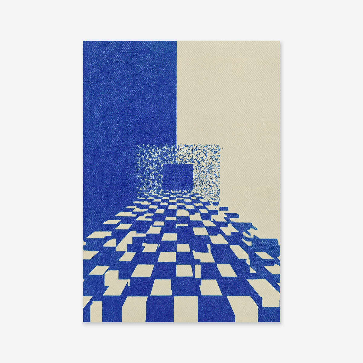 Move forward - Blue is a blue and cream abstract artwork featuring a checkered pathway to a square opening, with fragmented blocks and pixelated textures—perfect as a giclée art print for any modern interior.