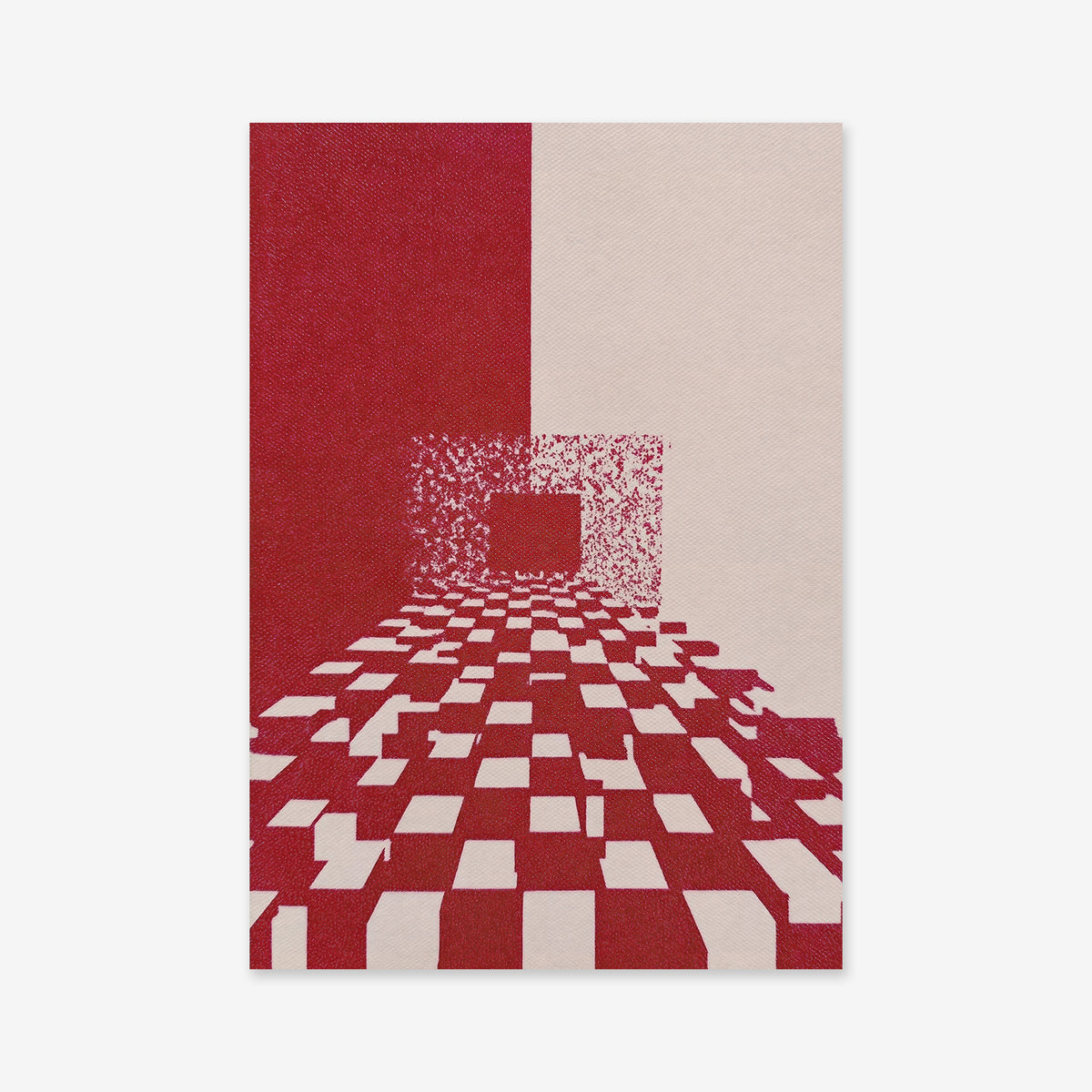 “Move forward - Red” is a Giclée art print featuring abstract red and beige checkered blocks receding into a portal. Printed on high-quality archival paper, it’s a bold, modern accent for your space that offers lasting visual impact.