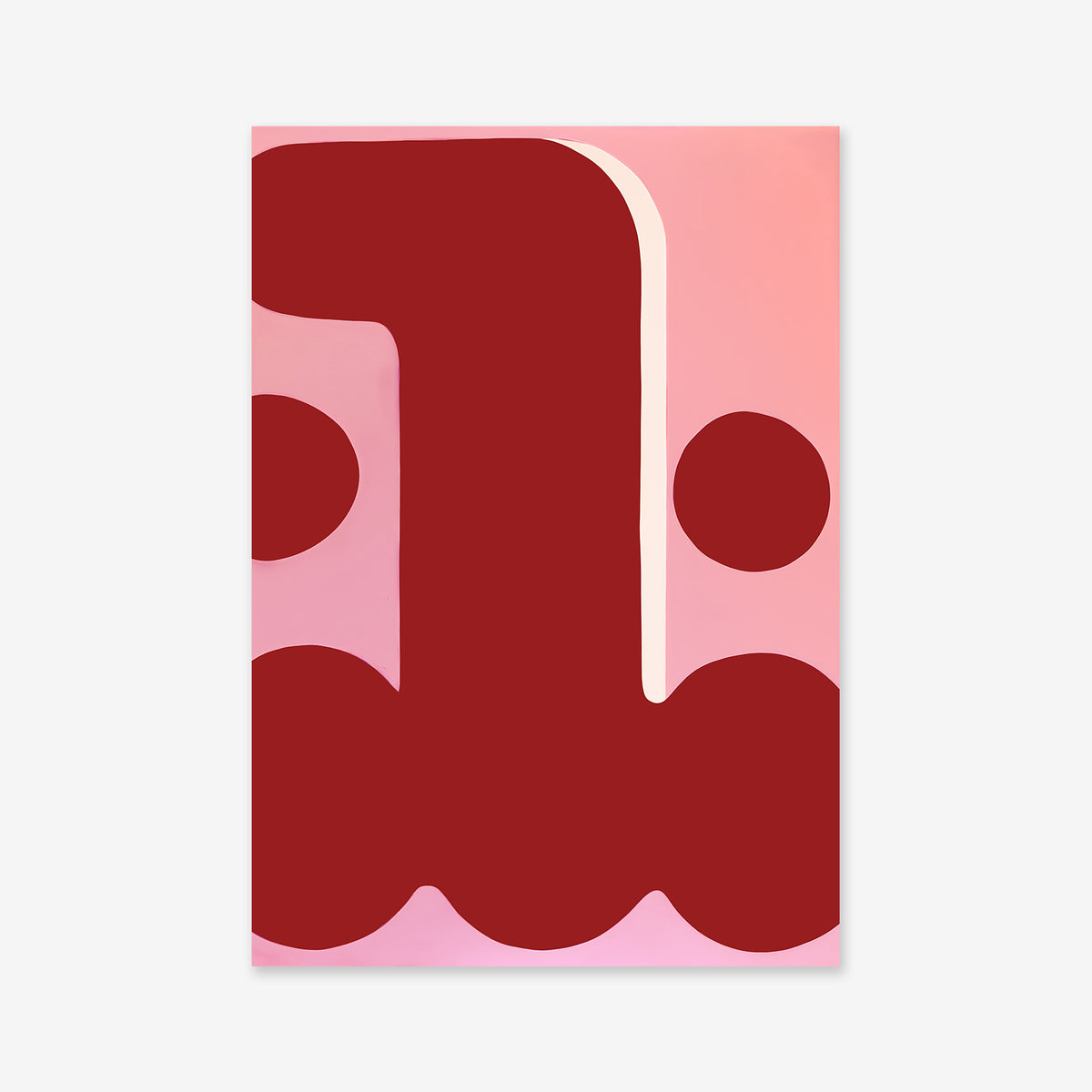Mr. Big nose No. 1 is a minimal giclée art print with bold, deep red shapes on a pink background, featuring two circles and a large scalloped curved form—perfect for modern interiors. Printed on premium archival paper.