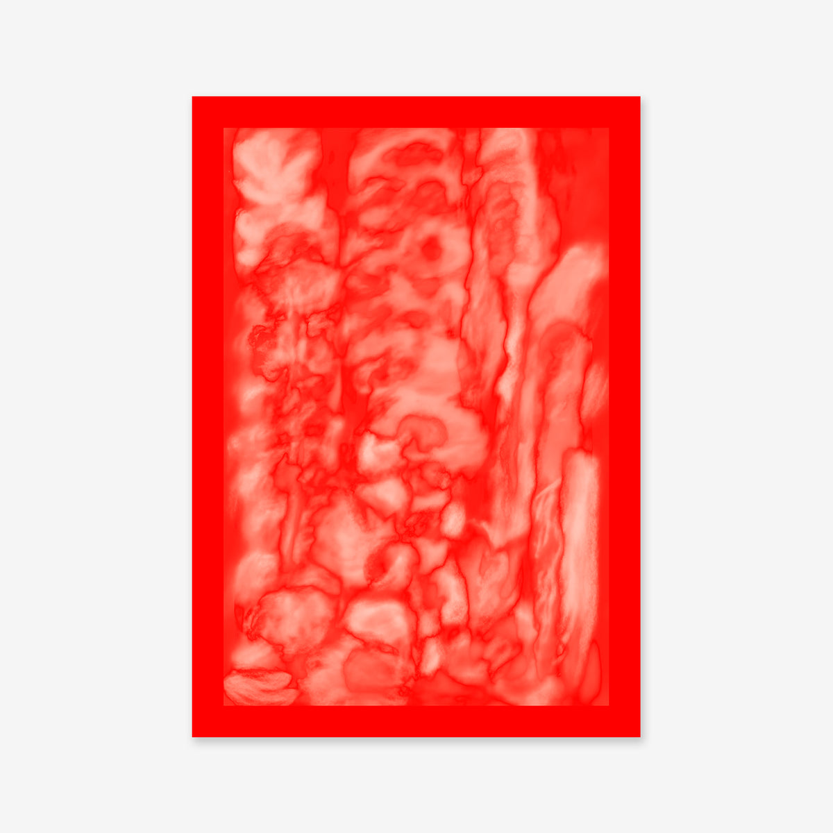 The artwork "Mud" features swirling red and white marbled patterns within a bold red frame on a light gray background—an ideal giclée art print to enhance any modern interior decor.