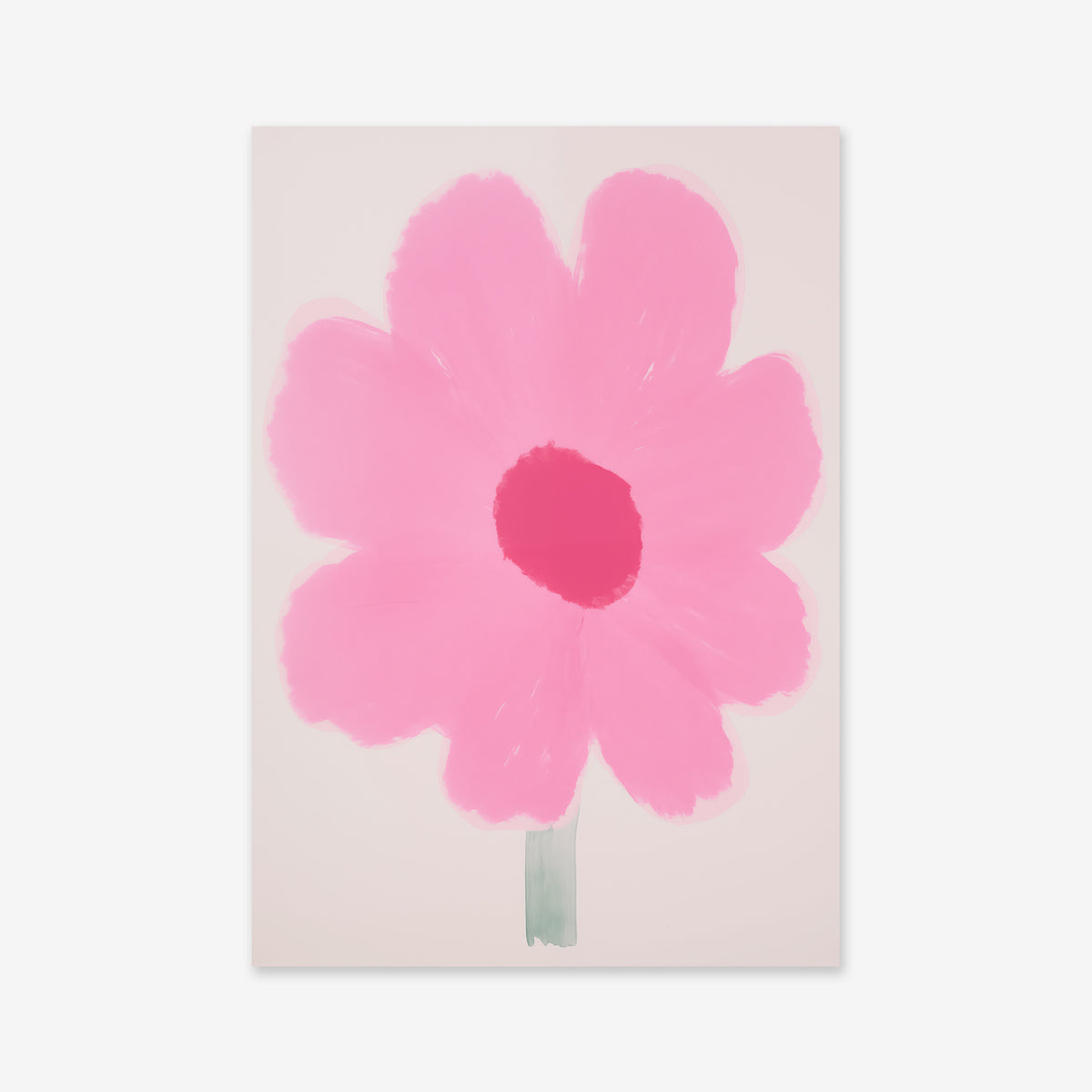 My favorite flower No. 2 features a large pink eight-petaled flower with a darker pink center and green stem on a white background—ideal as a giclée art print for modern interior decor.