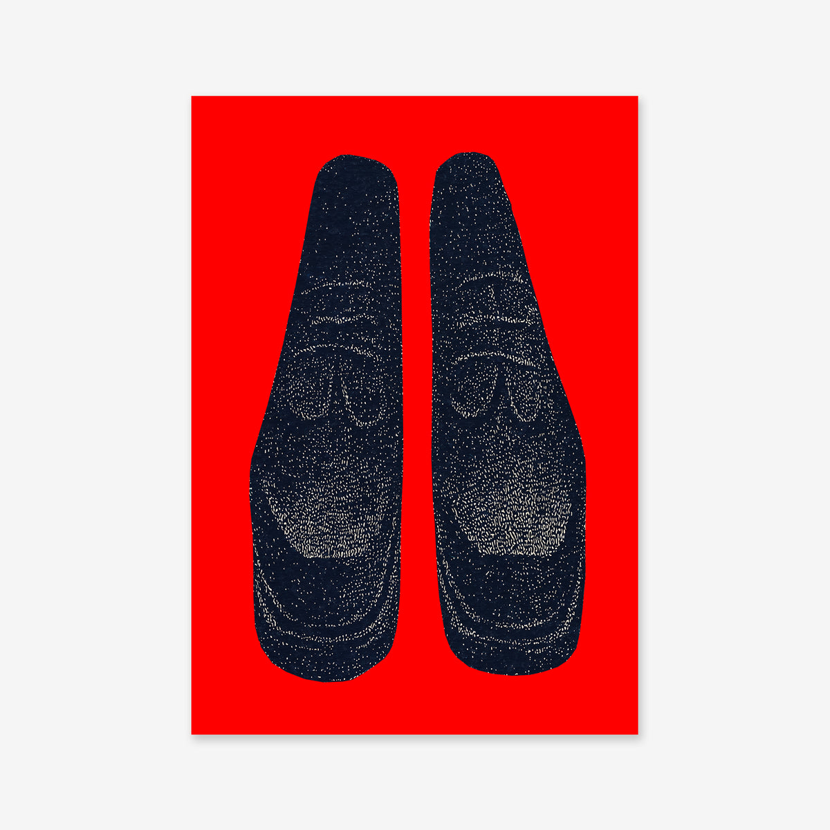 Illustration titled "My favorite shoes" shows a pair of dark blue loafers side by side, viewed from above on a solid red background—ideal as a Giclée art print for contemporary interior decor.