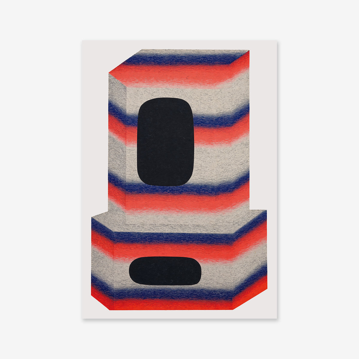The Mystery box features a geometric, abstract number 1 with 3D effect—horizontal red, blue, & gray stripes and two black ovals on white. Ideal as a modern Giclée art print for contemporary interiors.