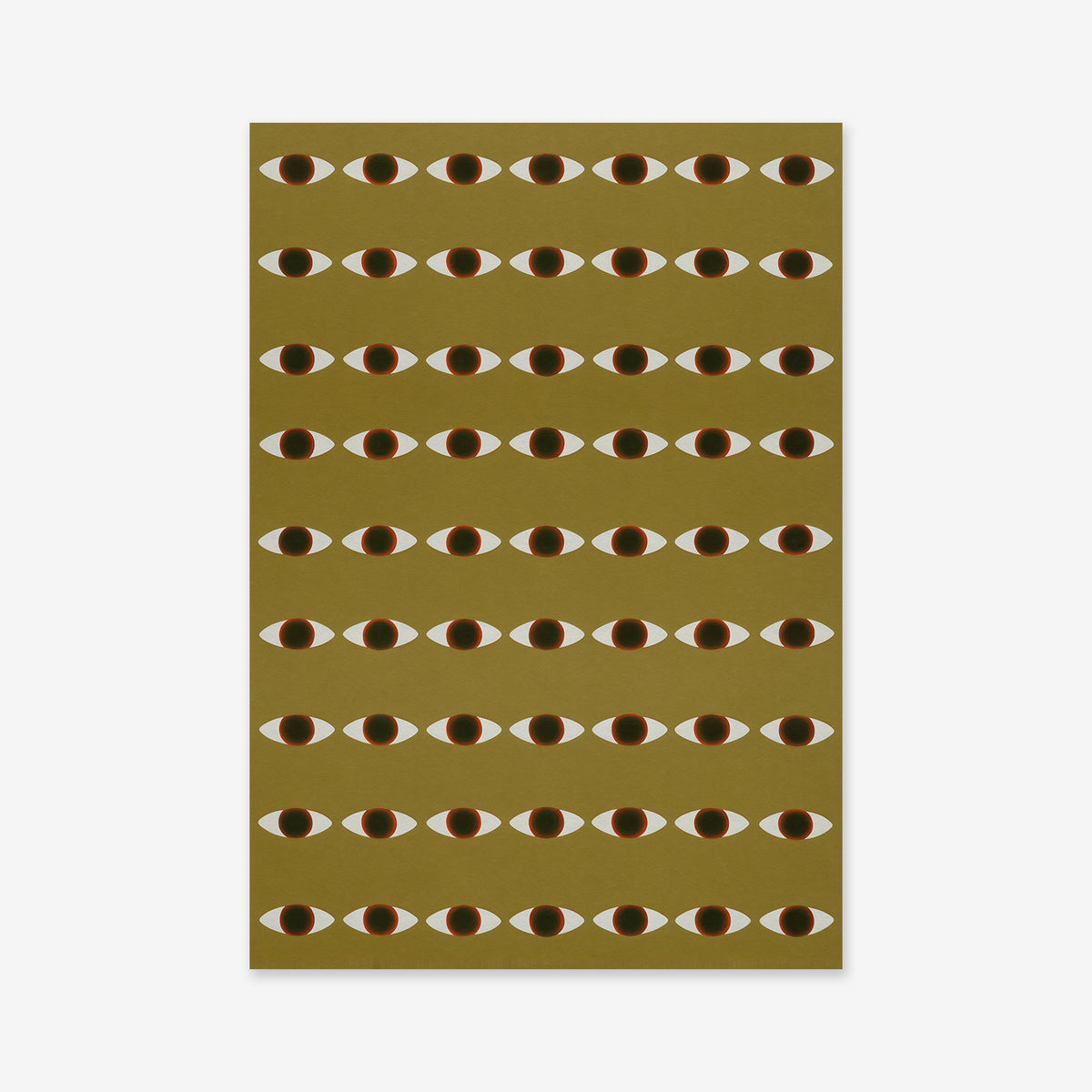 Never ending eyes No. 1 features rows of eye-like shapes with white ovals and dark centers on an olive green background—a striking geometric design, perfect as a Giclée art print for modern interiors.