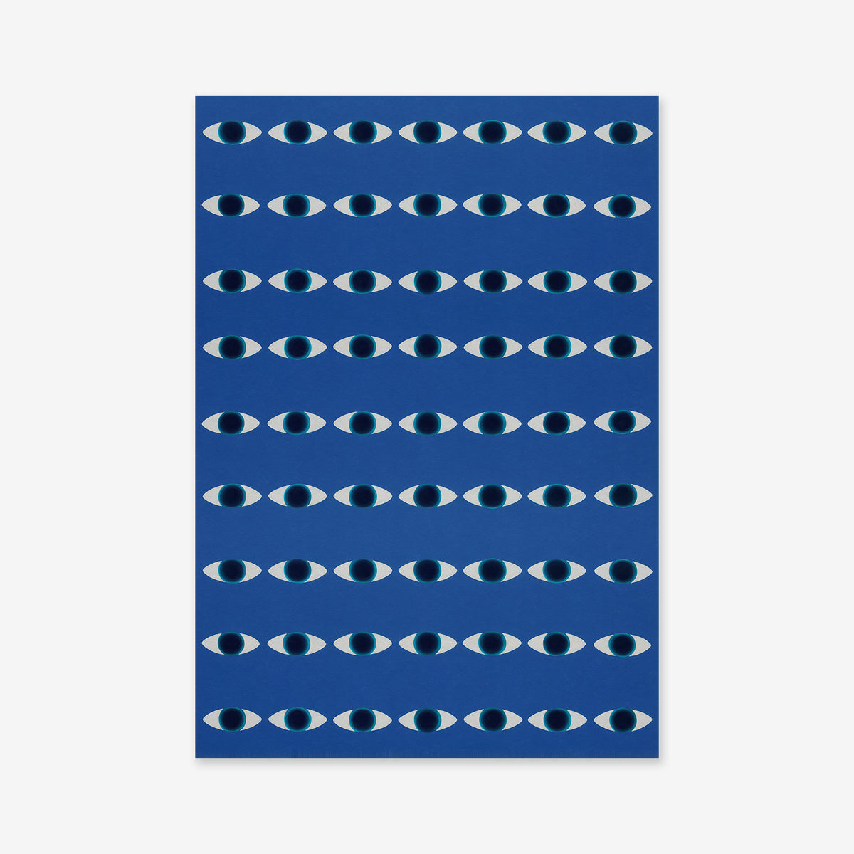 Never ending eyes No. 2 features stylized eye shapes in even rows on a solid blue background, each with a white outline and dark blue center—creating a bold, optical look that's perfect as a Giclée art print for modern interiors.