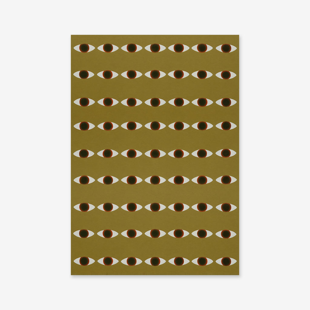 Never ending eyes features rows of eye-shaped designs with white ovals and dark brown centers on an olive green background—a striking abstract giclée art print perfect for modern interiors.