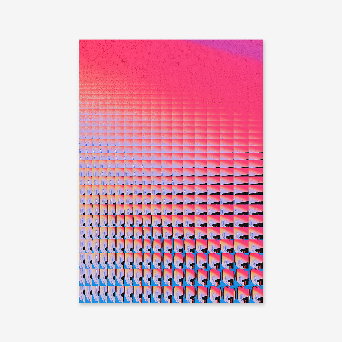 Never Ending Faces is a Giclée art print on matte archival paper featuring a grid of repeated geometric shapes in blue, pink, and red hues. Its textured digital look adds striking modern style to any interior.