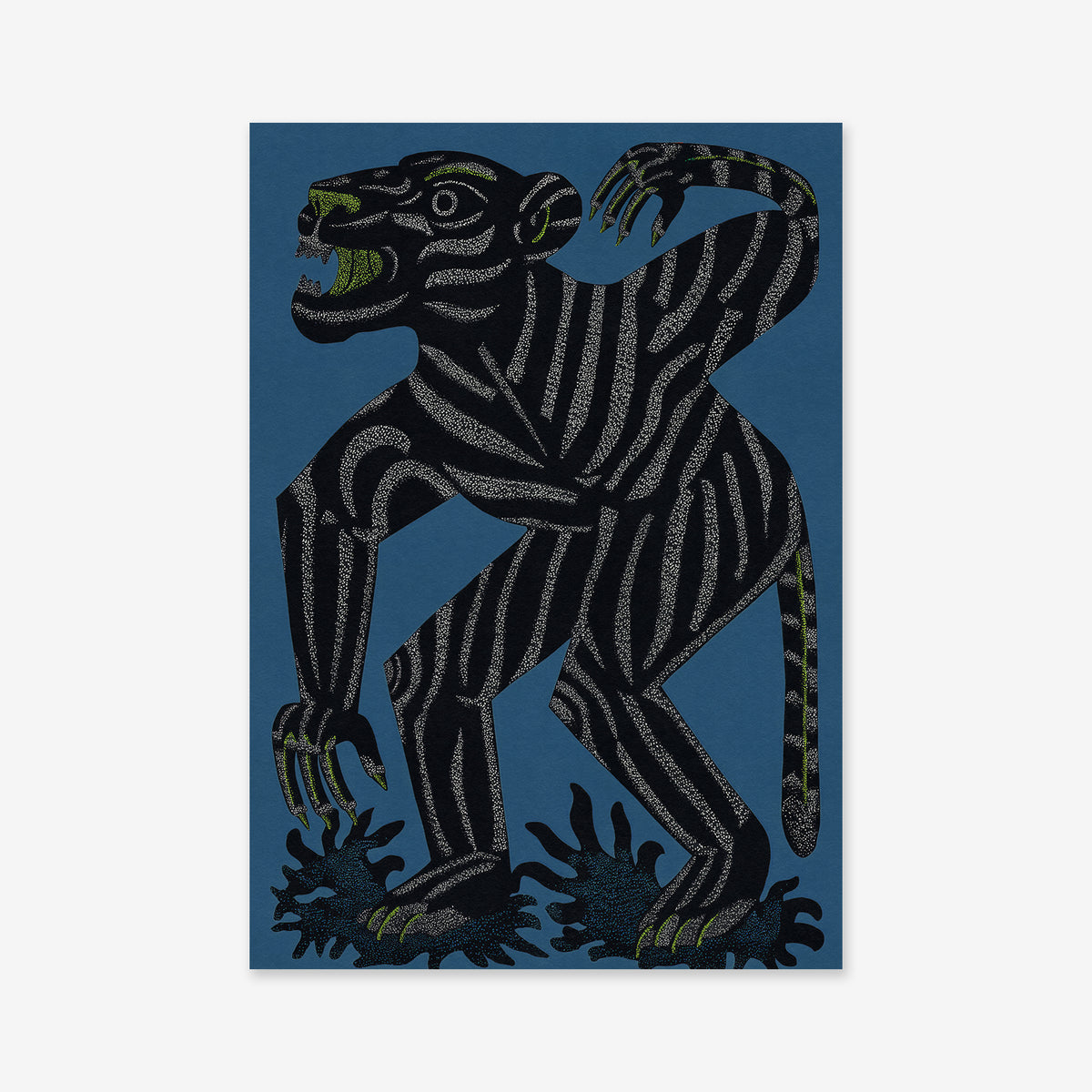 Night crawler No. 2 features a stylized, tiger-like creature with black and gray stripes standing upright, baring greenish teeth and claws on a solid blue background—ideal as a Giclée art print for any modern interior.