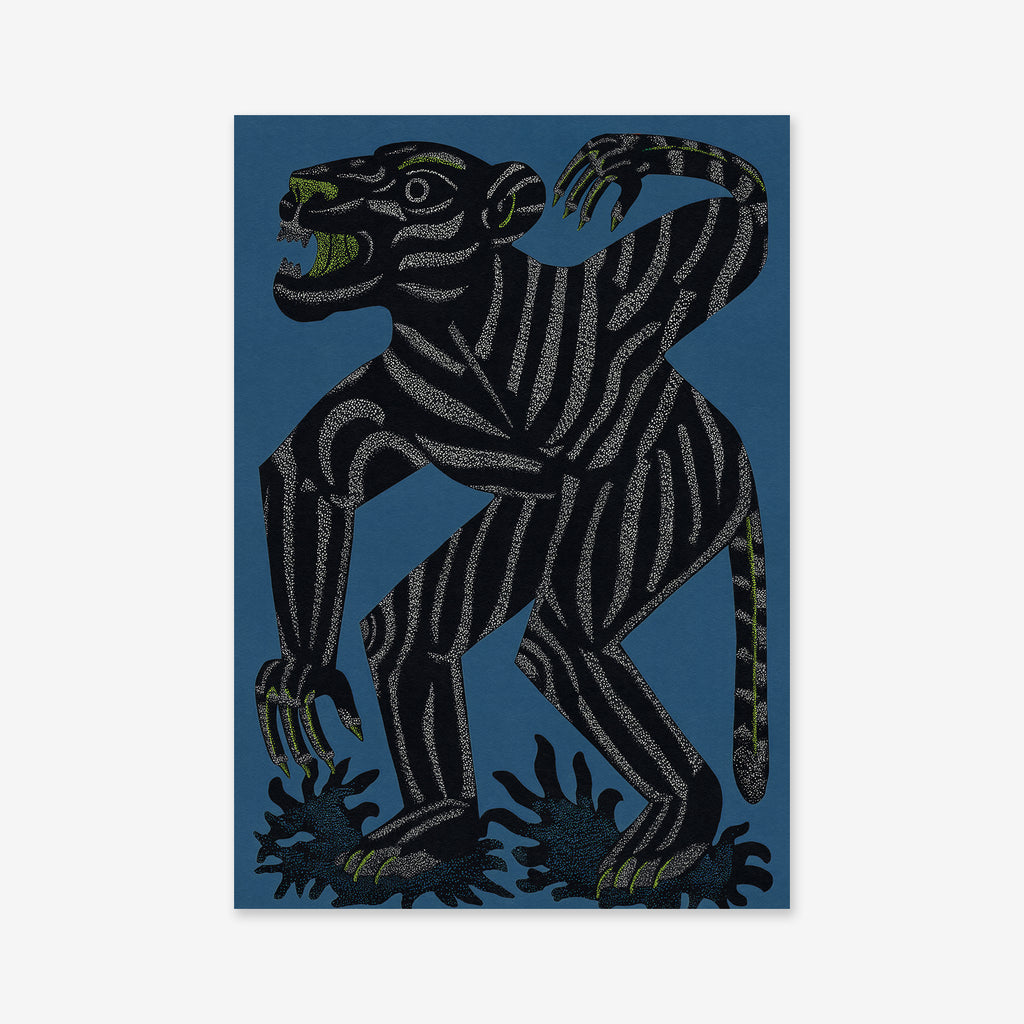 Night crawler No. 2 features a stylized, tiger-like creature with black and gray stripes standing upright, baring greenish teeth and claws on a solid blue background—ideal as a Giclée art print for any modern interior.