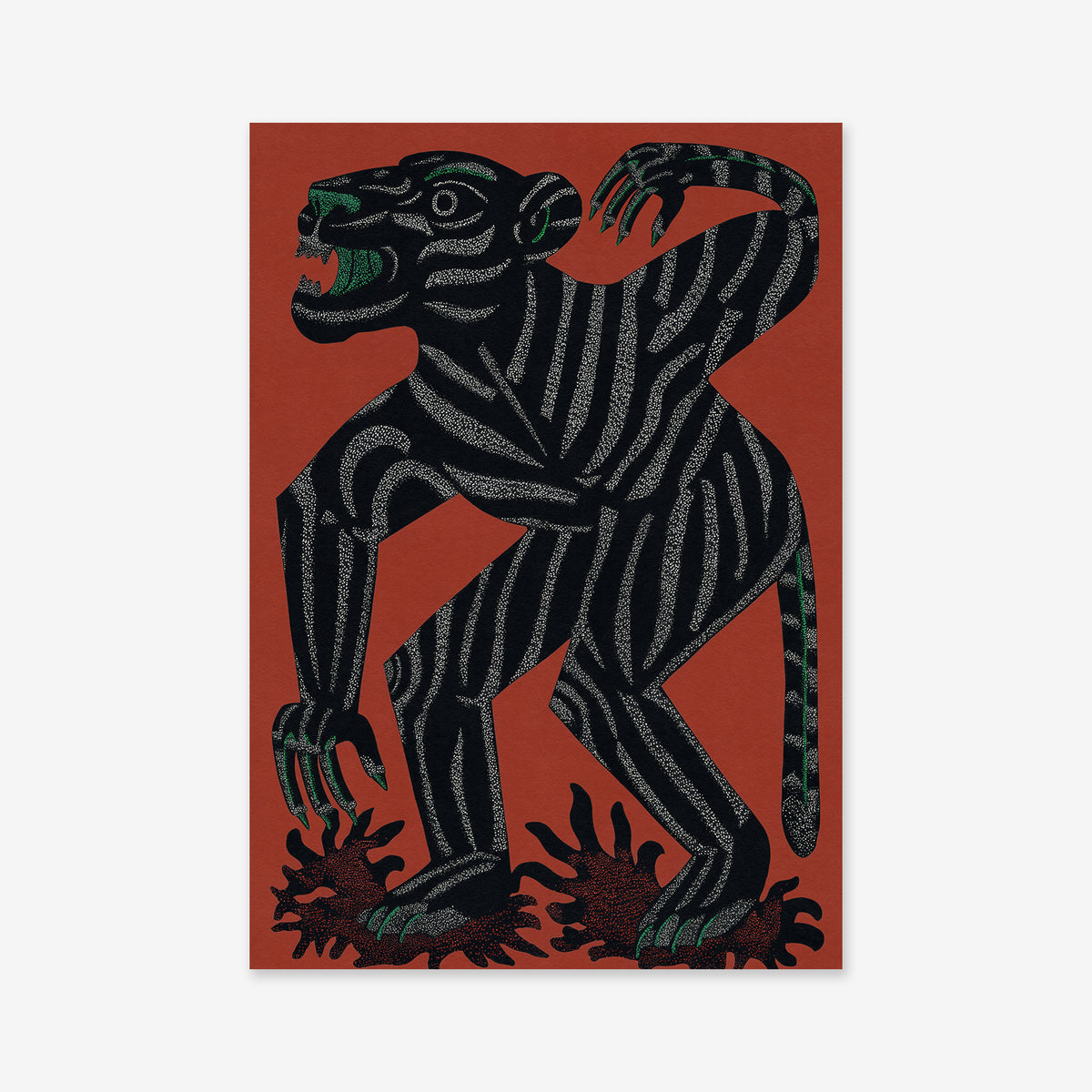 Night crawler No. 1 is a Giclée art print featuring a black tiger with green accents, bold wavy stripes, and abstract shapes, standing upright on a reddish-brown background—ideal for modern interiors.