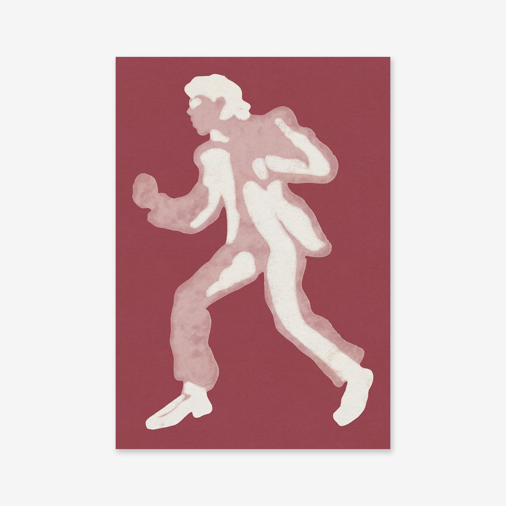 “Night fever” features a stylized white silhouette of a person in mid-stride, wearing a suit, on a solid maroon background—a striking Giclée art print ideal for modern interiors.