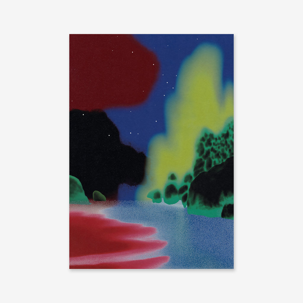 Night Sky" is a giclée art print depicting an abstract landscape with a blue river, vibrant banks, dark trees, yellow-green mist, and a star-filled night sky—blending colors for a dreamy atmosphere ideal for modern interiors.