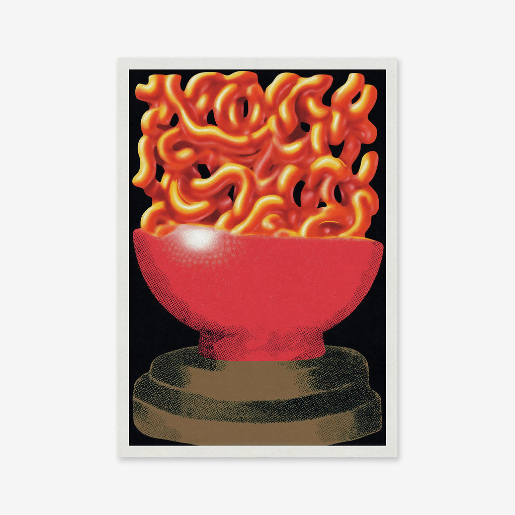 A vibrant illustration titled "Noodles" shows a red bowl with glowing orange noodles on a brown pedestal against a black background—perfect as a giclée art print or displayed on matte archival paper for stylish modern decor.
