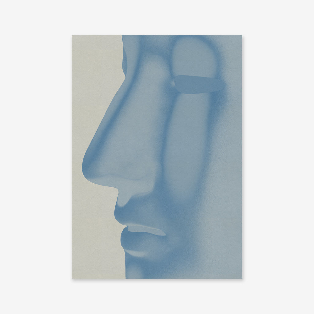 Nosey" is a minimalist Giclée art print featuring a blue, abstract human face in profile with soft shading on a light beige background—ideal for elevating any modern interior.