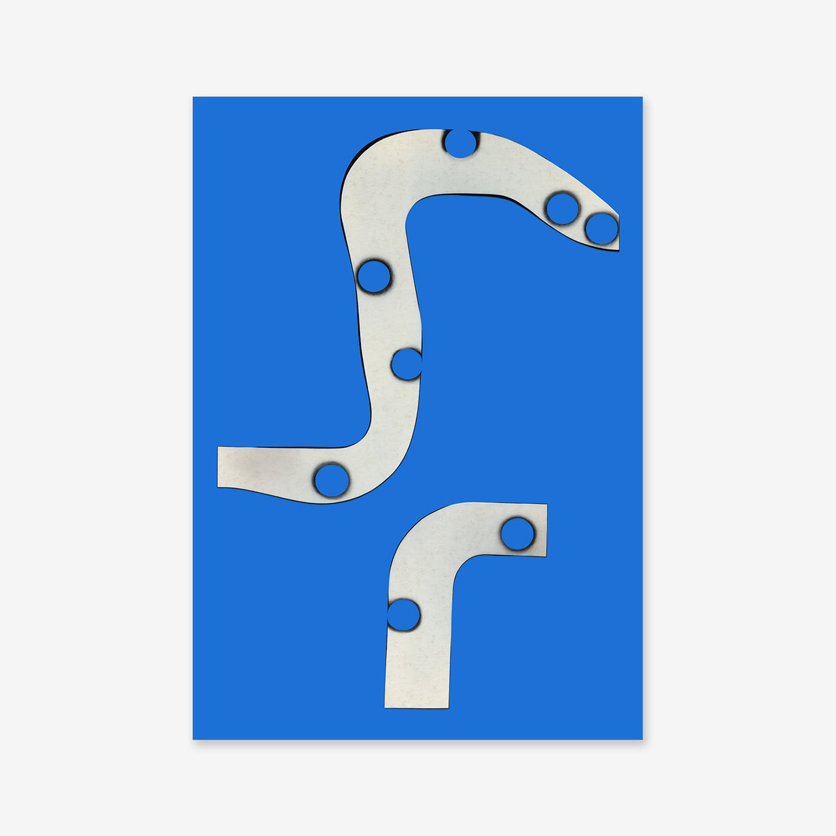 “Not bulletproof” is an abstract artwork with two curved, metallic shapes featuring circular cutouts on a vivid blue background. Printed as a Giclée art print, it’s perfect for modern interiors and adds a contemporary accent to any space.