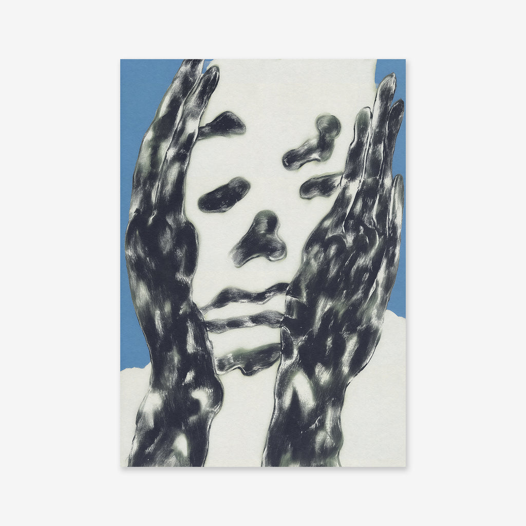 OMG is a Giclée art print on archival paper featuring an abstract face with closed eyes and a somber expression, framed by textured hands on a light blue background—perfect for adding emotive depth to modern interiors.