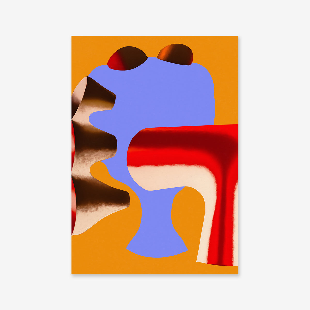 Objects No. 1 is a bold giclée art print featuring abstract organic shapes in blue, brown, and red on a mustard yellow background—ideal for adding a modern touch to any interior.