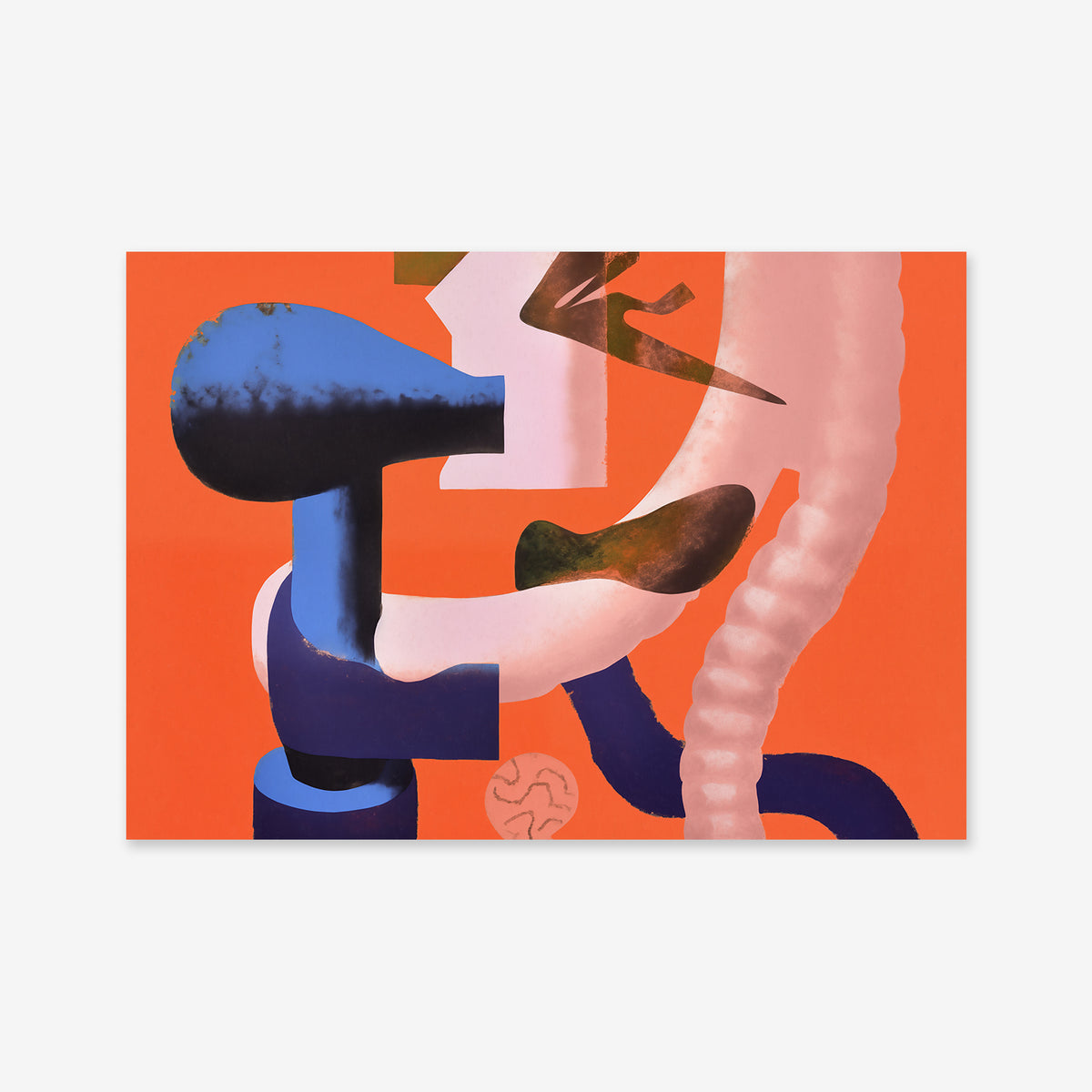 Objects No. 2 is a surreal Giclée art print featuring bold blue, pink, black, and white shapes on an orange background—dynamic forms intertwine and overlap to create striking abstract artwork for modern interiors.
