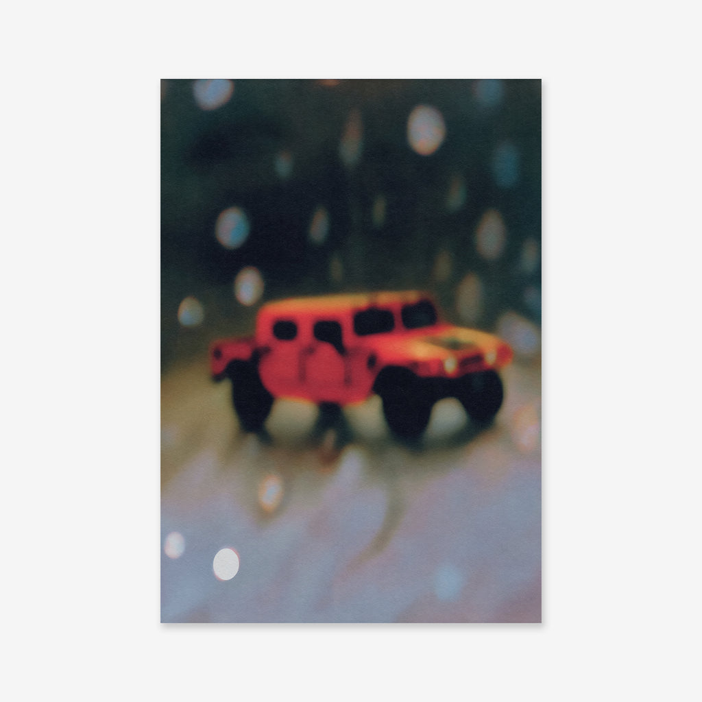 A blurry image of a red toy SUV titled "Off road" sits on a surface with bokeh lights and a dark background—perfect as a giclée art print for modern interiors.