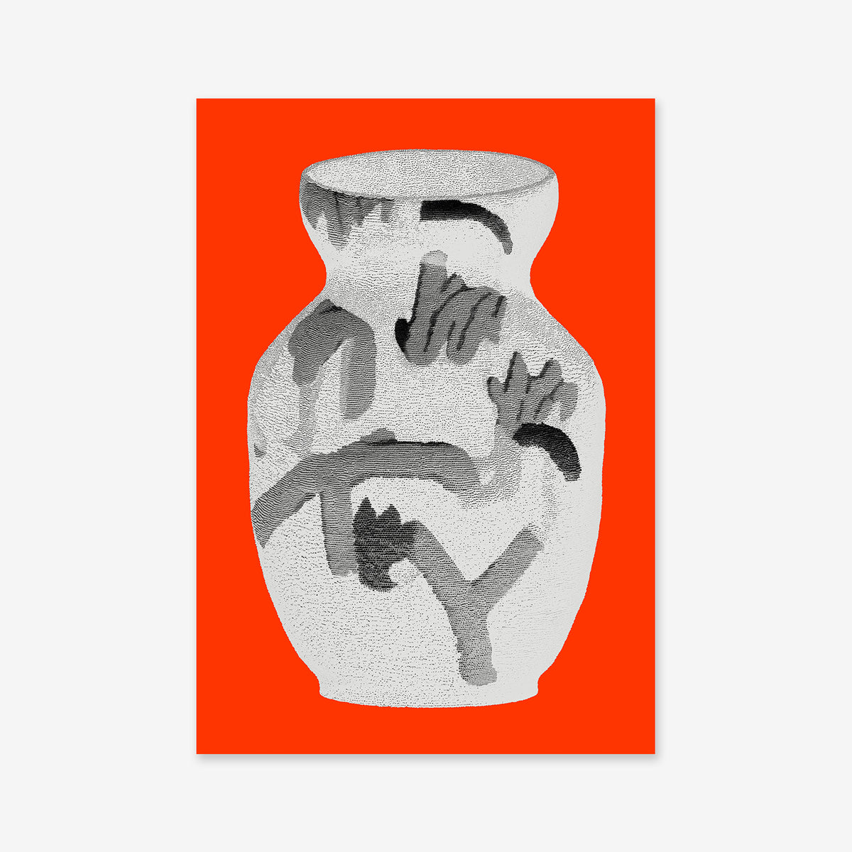 The Oh my vase art print features a white ceramic vase with abstract black and gray brushstrokes, centered on a vivid red background—a bold, modern accent for any space.
