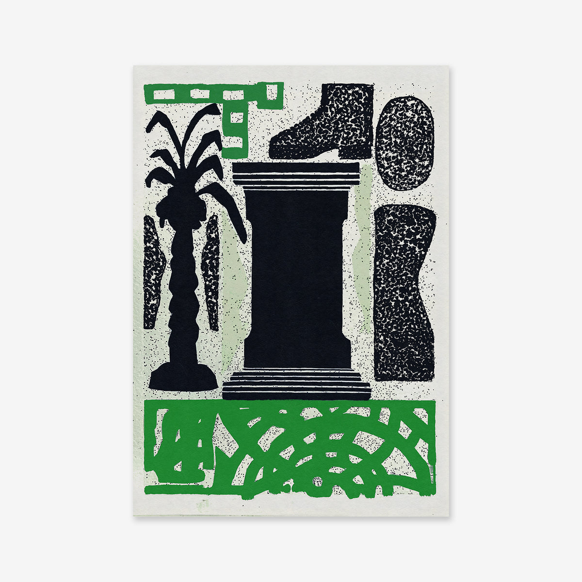 Olympia No. 2 is a Giclée art print with a black pedestal, boot, head, column, geometric shapes, and a stylized palm tree. Green accents highlight its abstract forms—an ideal addition to any modern interior.