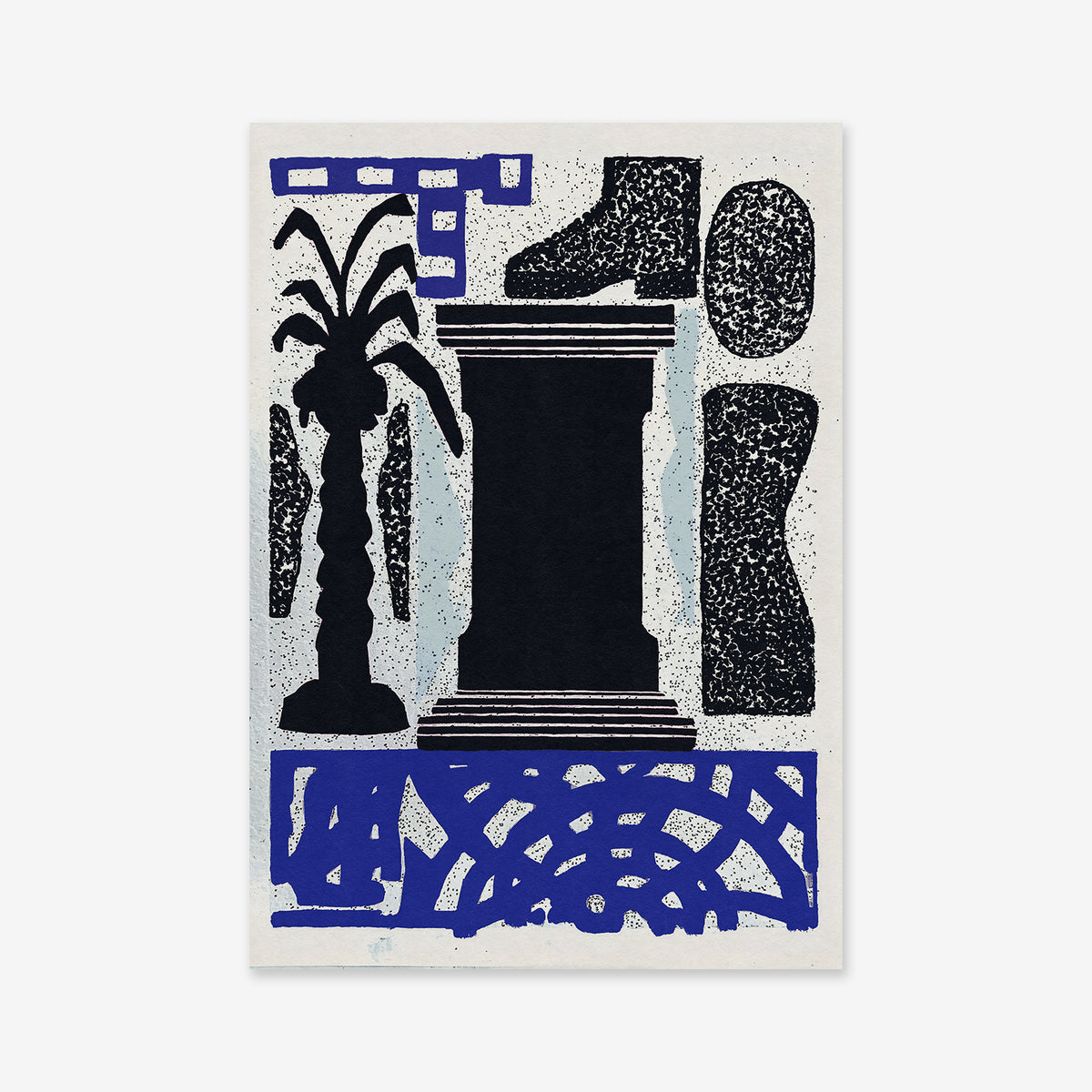 Olympia No. 3 is a Giclée art print with a collage-like, textured look—featuring a black pedestal, statue foot, oval shape, palm-like plant, and blue geometric patterns on white. Perfect for modern interiors.