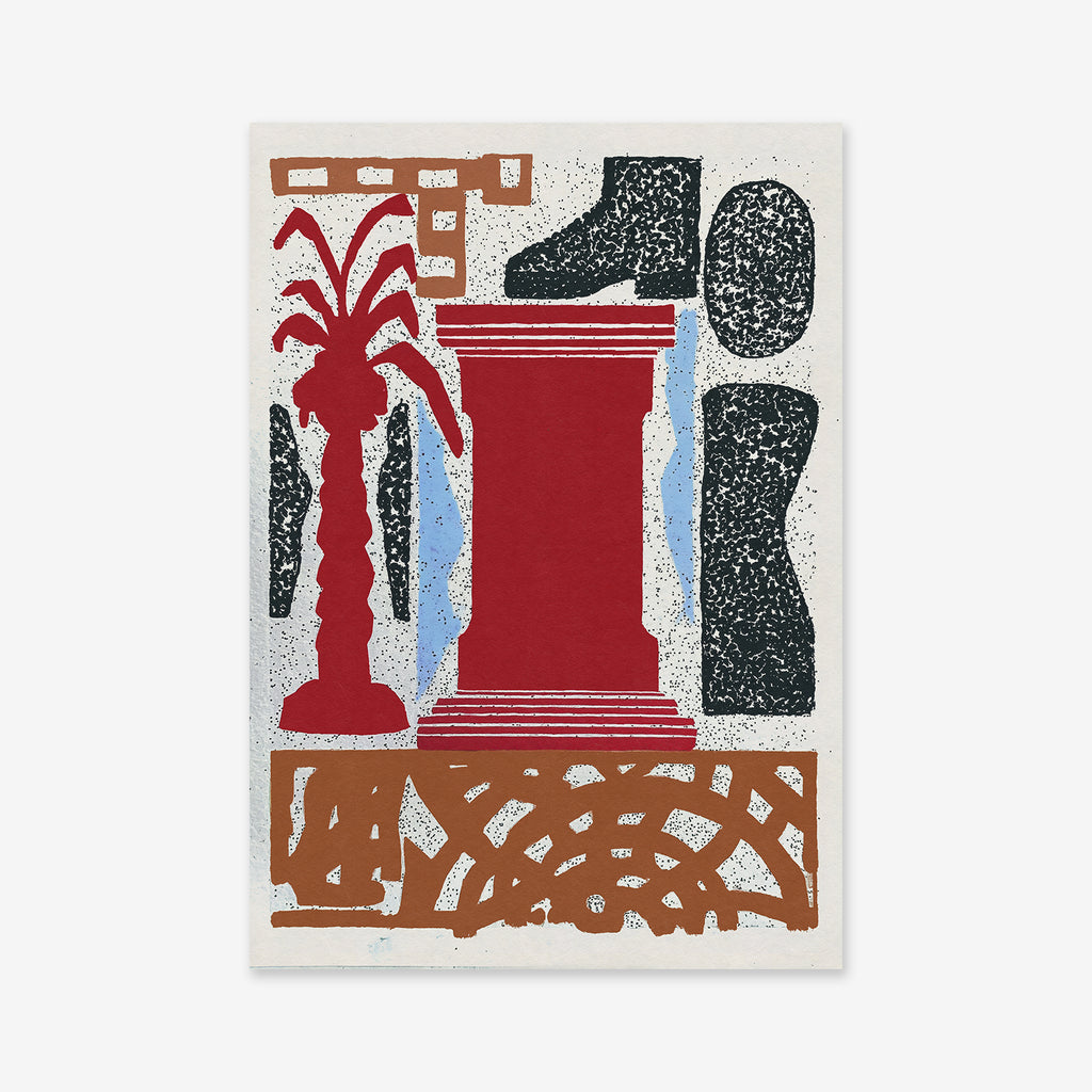 ‘Olympia’ is a giclée art print showcasing a red pedestal, stylized red palm tree, fragmented black sculptures, and brown geometric patterns on a white background with blue accents—ideal for modern interiors.