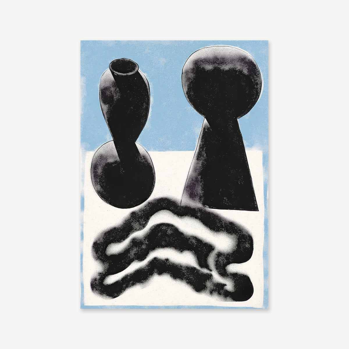 On the table" features two large, black, vase-like and keyhole-shaped forms on a blue and white backdrop with a wavy black shape in the foreground—a striking abstract piece ideal as a giclée art print for modern interiors.