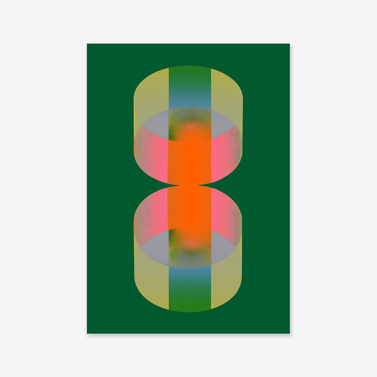 Open the box: Abstract digital art with two overlapping, vertically aligned cylinders in green, yellow, orange, pink, and blue gradients on a dark green background. Perfect as a giclée art print for modern interiors.