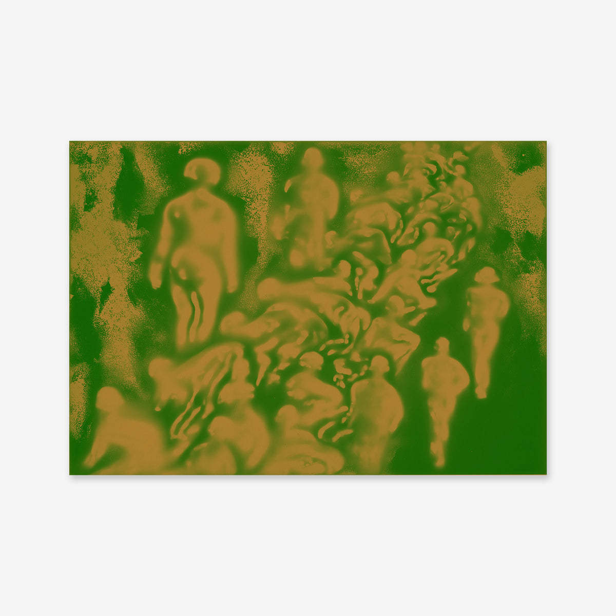 Over crowded" is a striking giclée art print featuring layered human-like silhouettes in yellow hues on green, evoking movement and energy—perfect for enhancing any modern space.