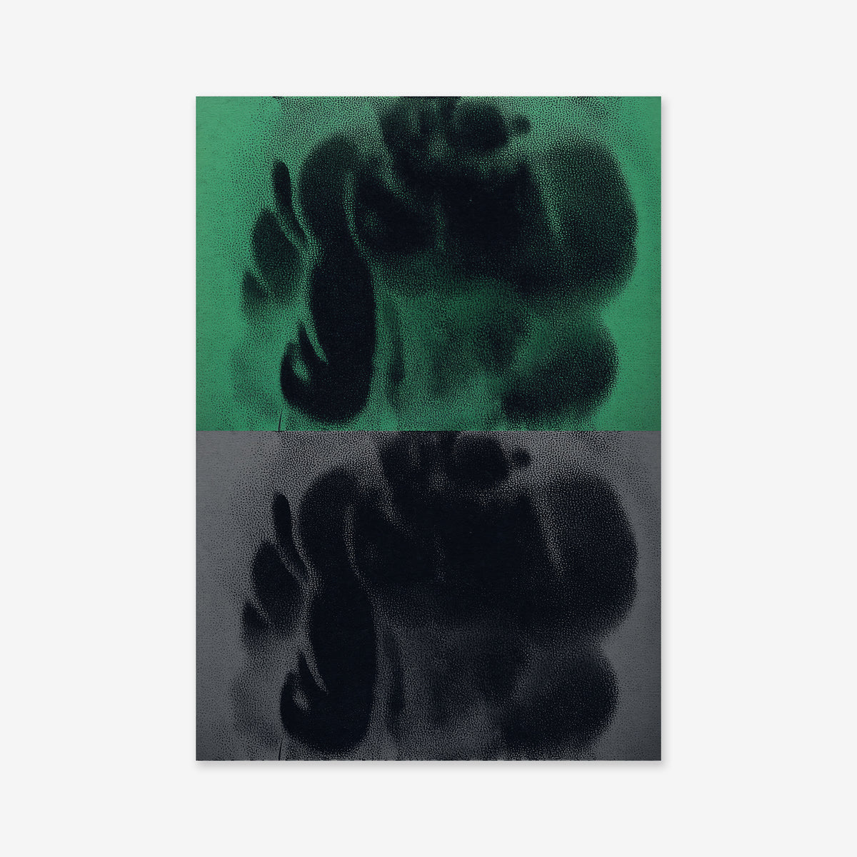Over & under" is a Giclée art print featuring abstract artwork: the top half in green and the bottom in gray, both with mirrored black cloud-like textures—perfect for bringing style to any modern space.