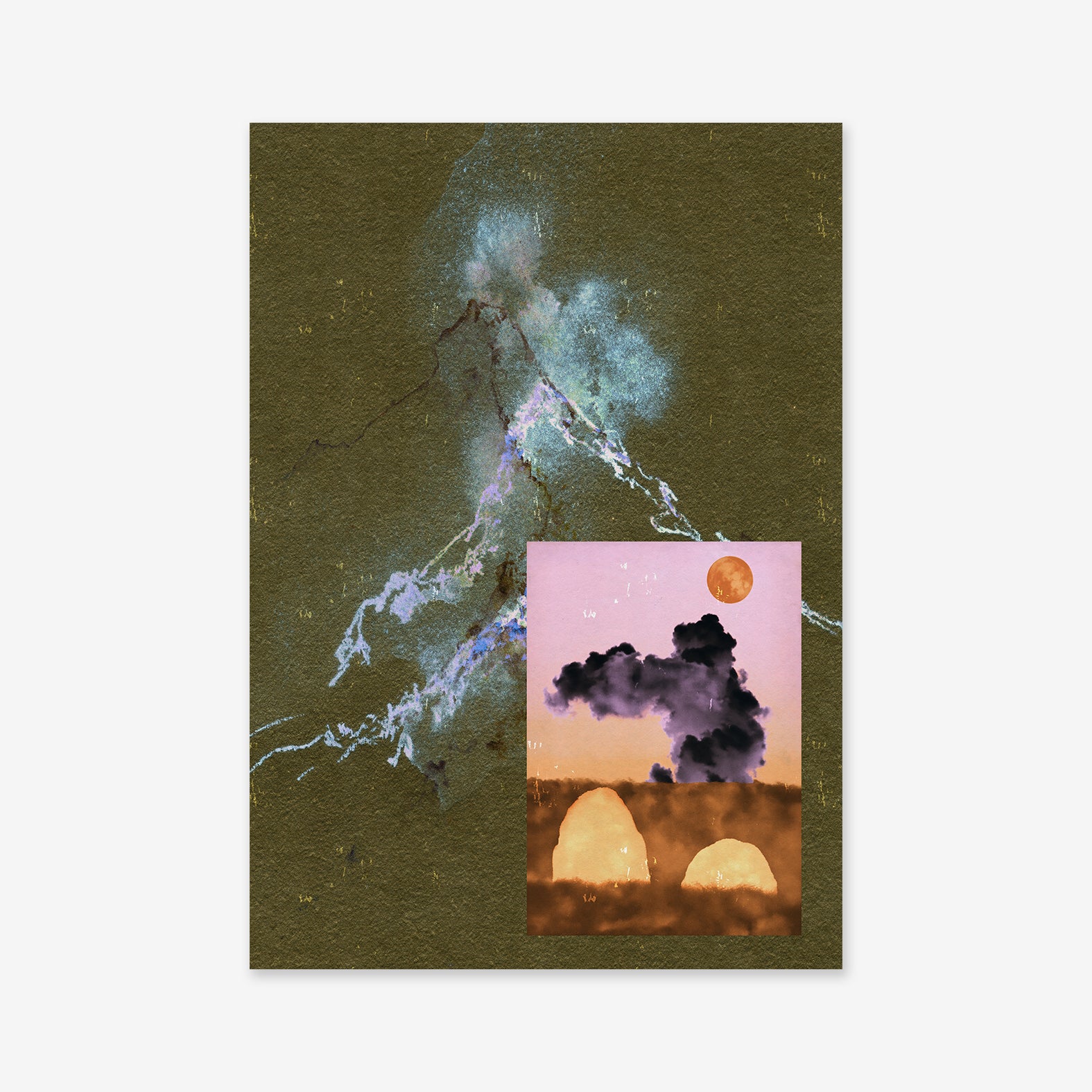 Para peak showcases abstract art with a bluish lightning bolt on a dark green textured background, plus an inset of dark clouds, an orange sun, and domes set in a pink and tan sky—ideal as a Giclée print for modern interiors.