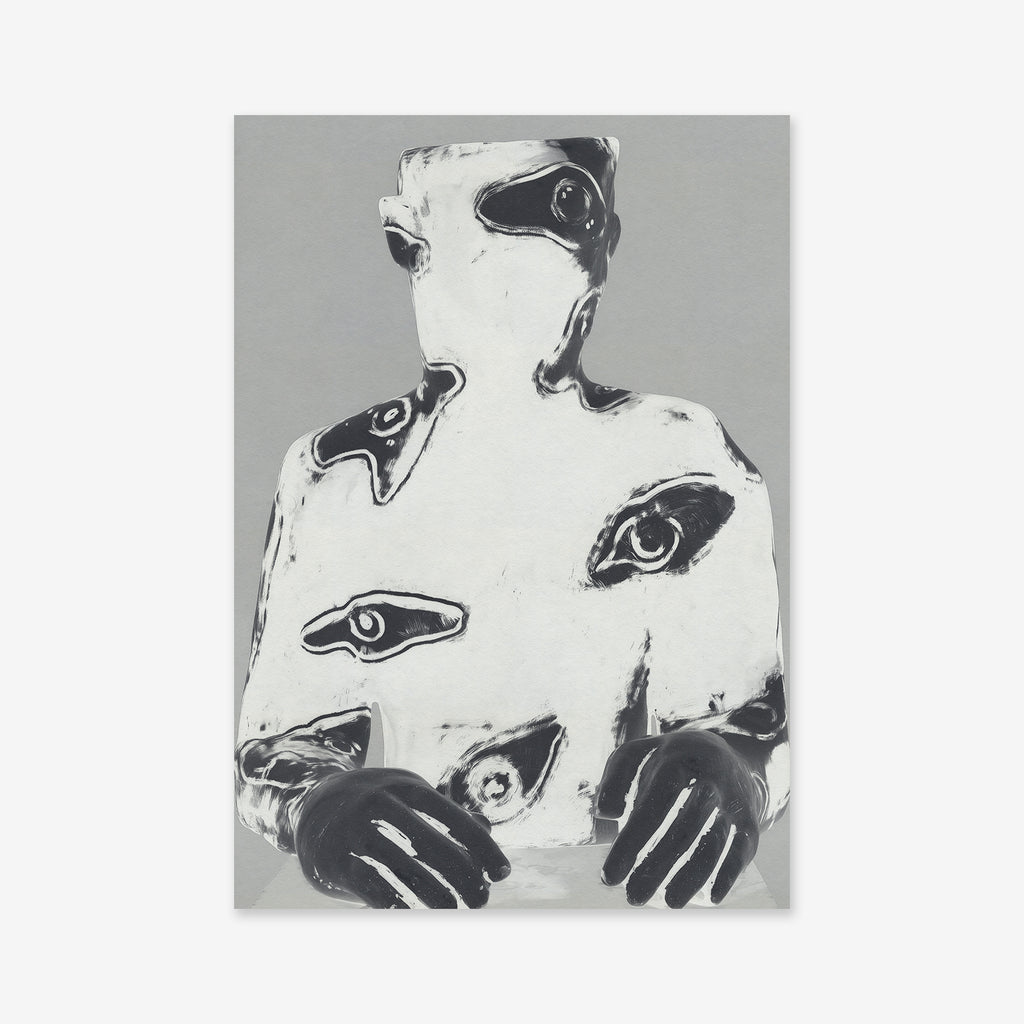 Paranoia" is a black and white abstract giclée art print featuring a seated figure with hands on a surface, face and body adorned with bold eye motifs. Printed on archival paper, it’s perfect for modern interiors against its plain gray background.