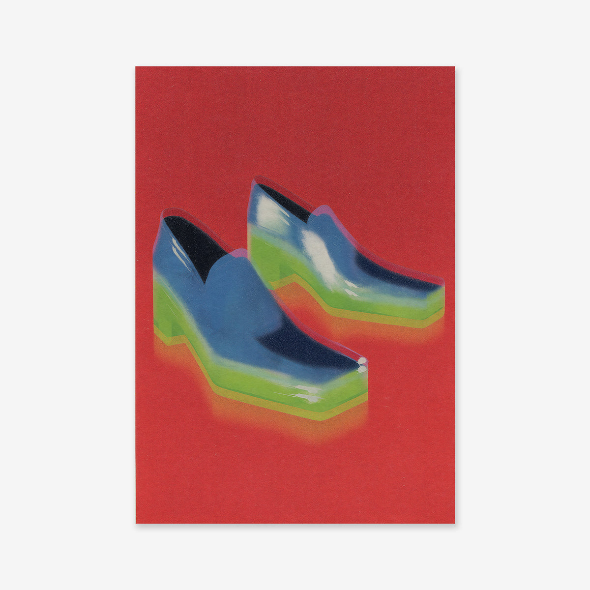 Party shoes: Shiny blue dress shoes with thick, translucent green soles pop against a vibrant red background. The soft, stylized look makes this image perfect for a modern giclée art print.