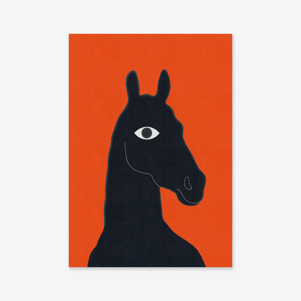 Peeping horse No. 1 is a bold Giclée art print featuring a minimalist black horse with a white-outlined face and a large white eye on a bright orange background—perfect for adding striking style to modern interiors.