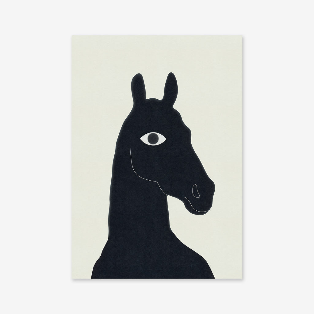 Peeping horse No. 2 is a modern, minimalist Giclée art print featuring a simple black outline of a horse with stylized shapes and a striking white eye on a light background—ideal for adding abstract flair to any contemporary space.