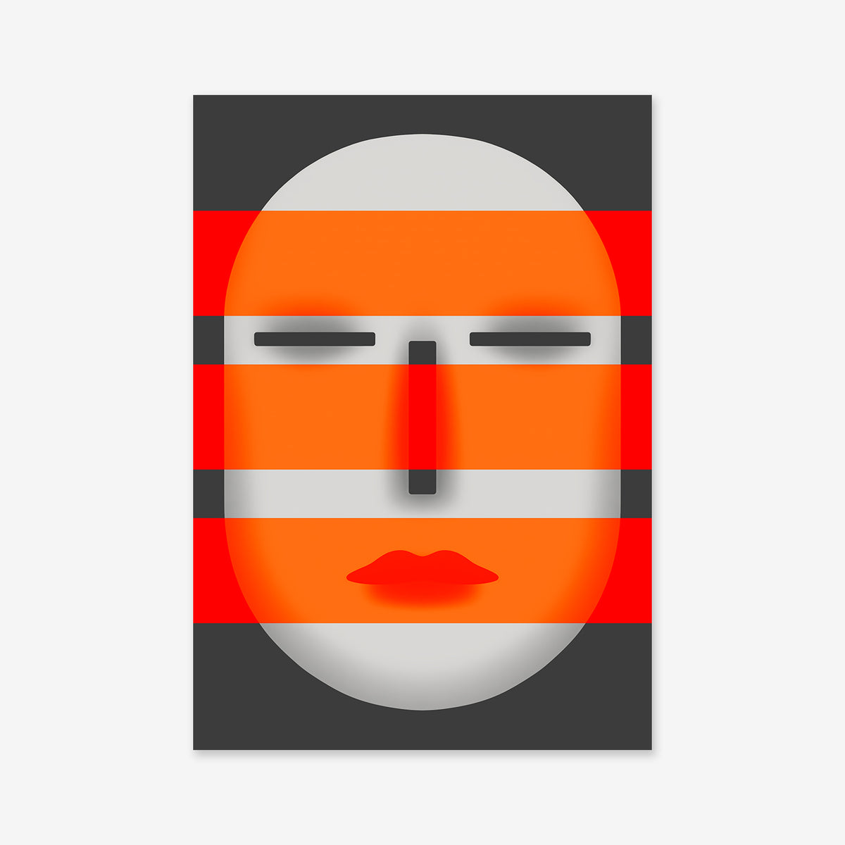 Peeping tom" is an abstract digital artwork featuring a human face with closed eyes, red and orange stripes, and simple features on a black and white background—a striking giclée art print perfect for modern interiors.