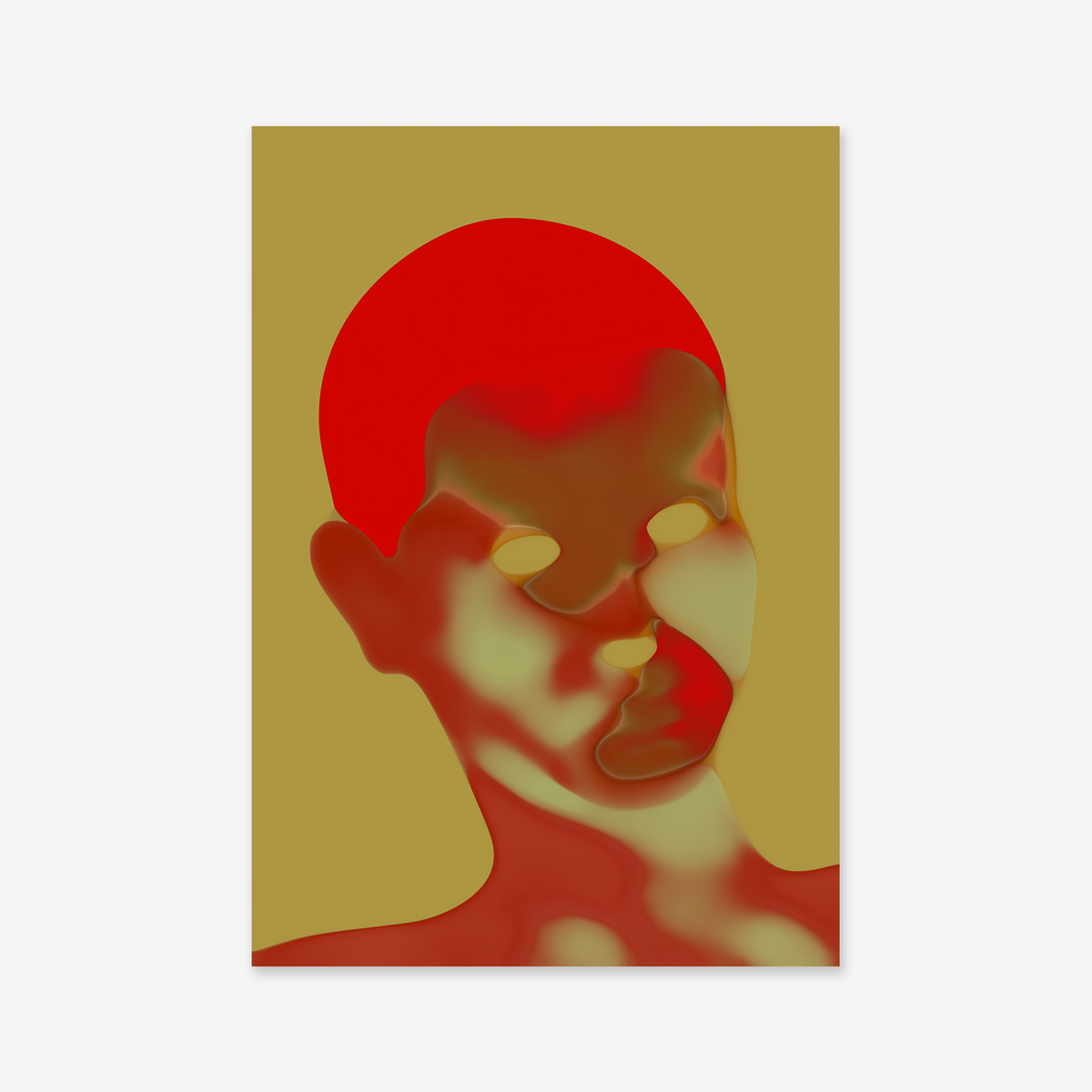 Phantom" is an abstract digital art print depicting a distorted red-faced figure with empty eye sockets and blended green-beige patches on a mustard background—ideal as a giclée print for modern interior decor.