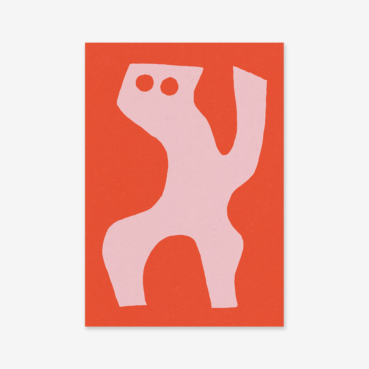 Pick me is a playful, abstract pink shape with two circular cutouts and raised arms on a bright red background—this striking Giclée art print adds personality to any modern interior.