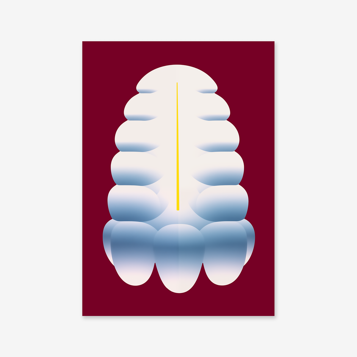 “Pine cone No. 1” features abstract digital art with rounded, layered blue and white shapes on a maroon background, accented by a thin yellow center line—ideal as a giclée print for modern interiors.