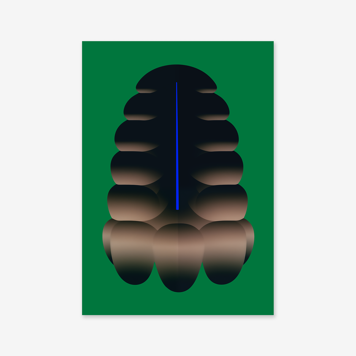 Pine cone No. 2: A digital illustration featuring a segmented, oval form in gradient brown and black tones, evoking a stylized trilobite. Centered on green, it’s ideal as a Giclée art print for contemporary spaces.
