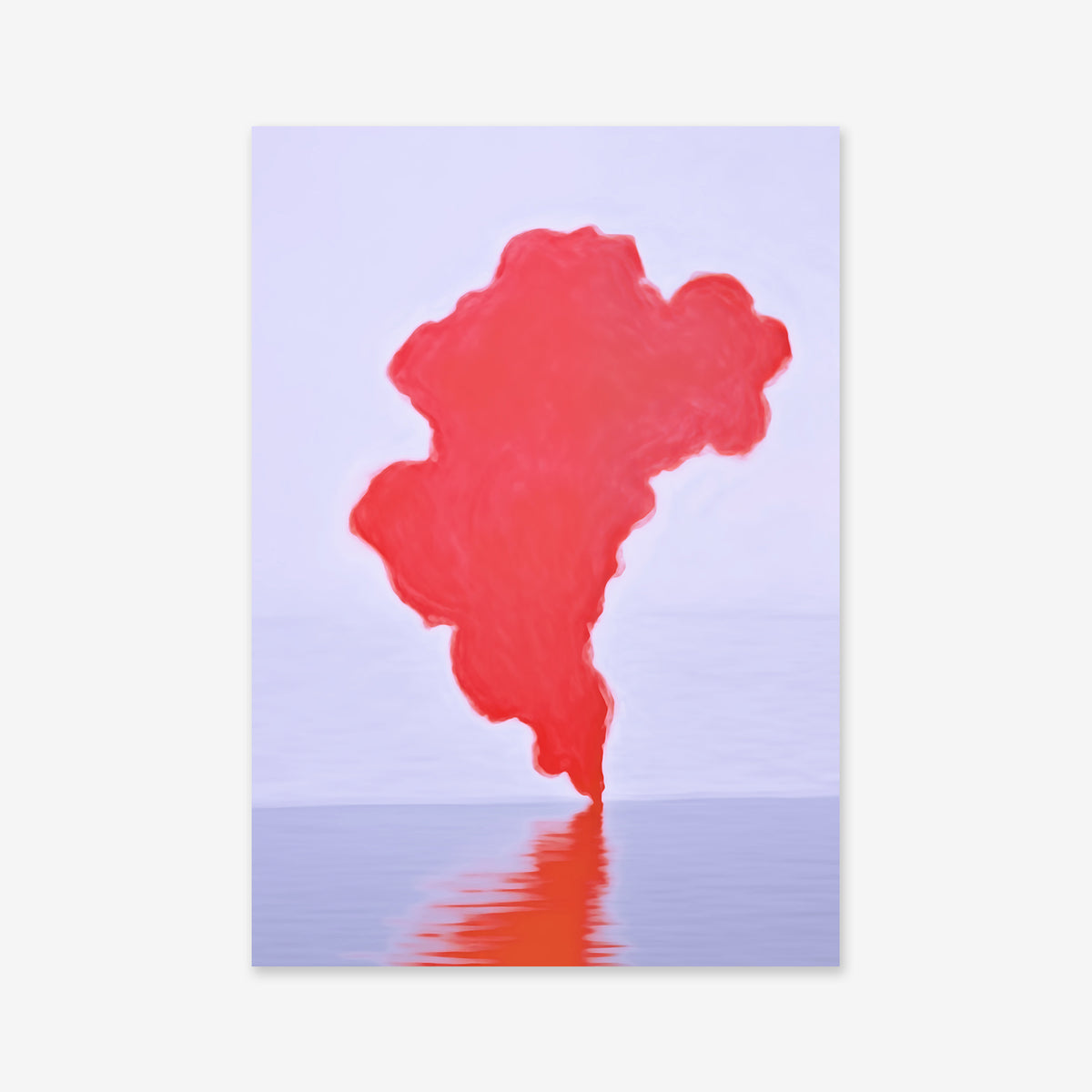A large pink smoke plume rises from calm blue water, its reflection creating an abstract, serene scene. The minimal background makes "Pink smoke" a perfect giclée art print on archival paper for any modern interior.