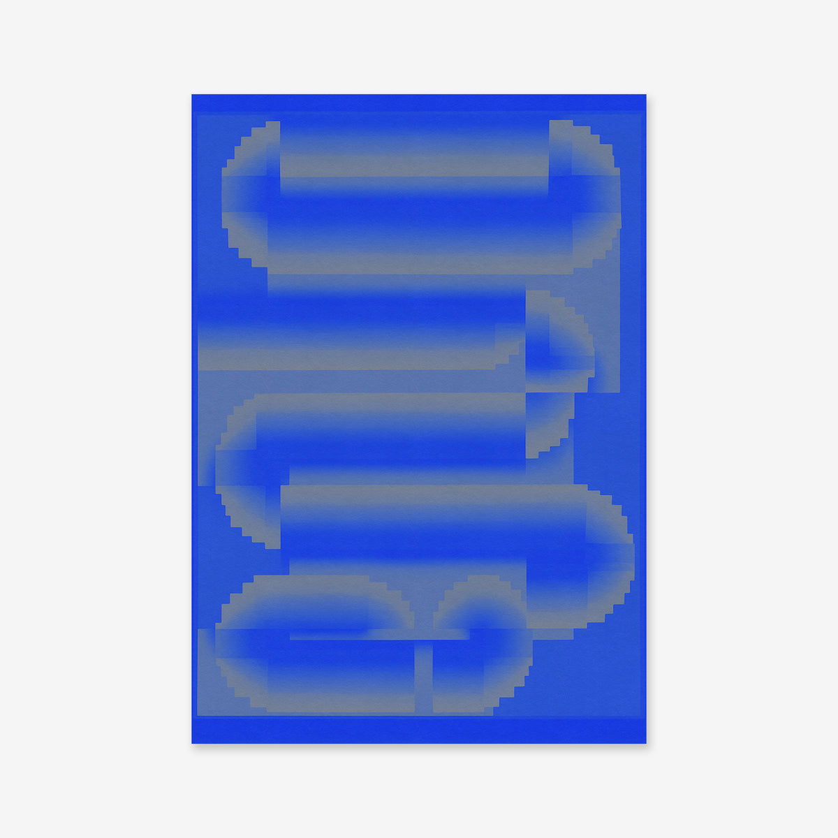Pixel pills - Blue" is a digital abstract Giclée art print with zigzag, pipe-like forms in blue and gray on white, featuring pixelated gradient shapes—ideal for enhancing any modern interior.