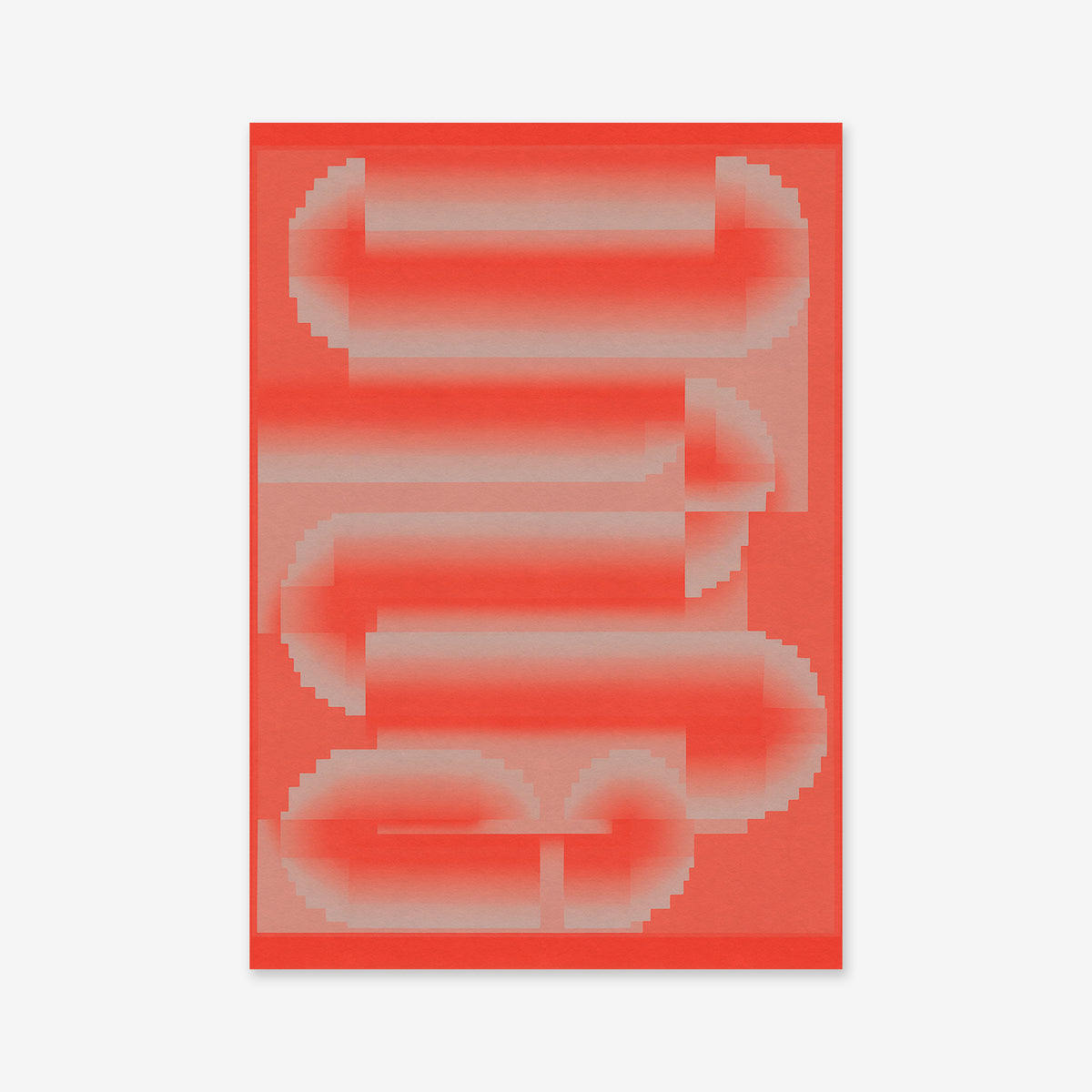 Pixel pills - Red is a digital artwork showcasing red, pixelated tubular forms arranged vertically on a light backdrop with soft gradients and geometric edges—a striking abstract pattern ideal as a Giclée art print for modern spaces.