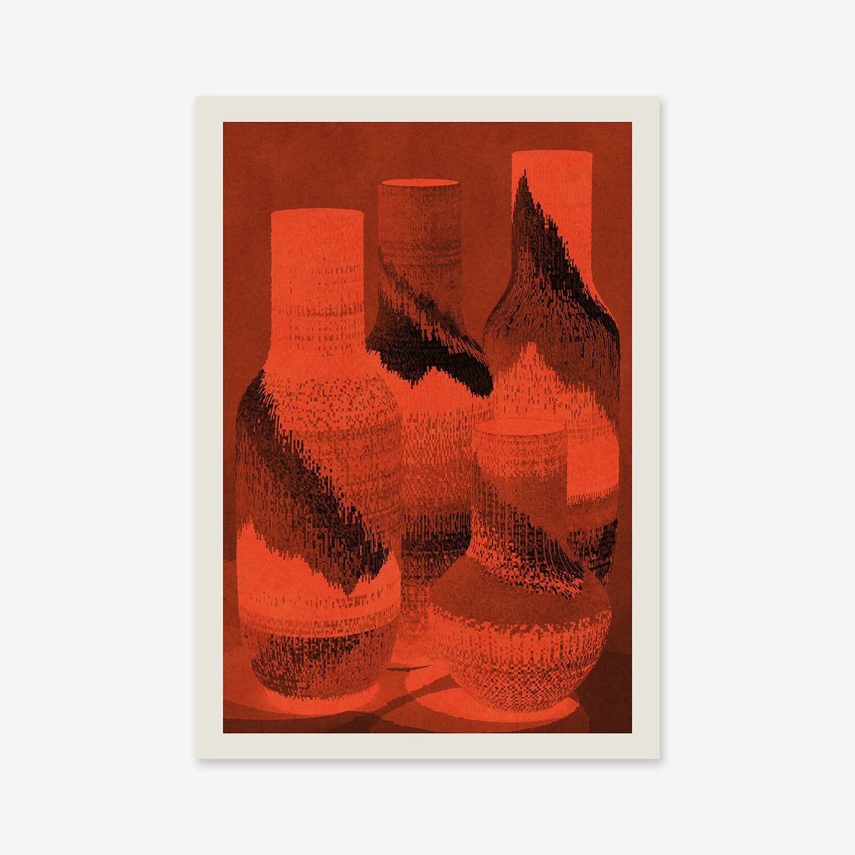 Pixel Vases features four abstract, textured vases in warm red and orange, casting overlapping shadows on a minimalist background with a light border—an ideal Giclée art print to enhance contemporary interiors.