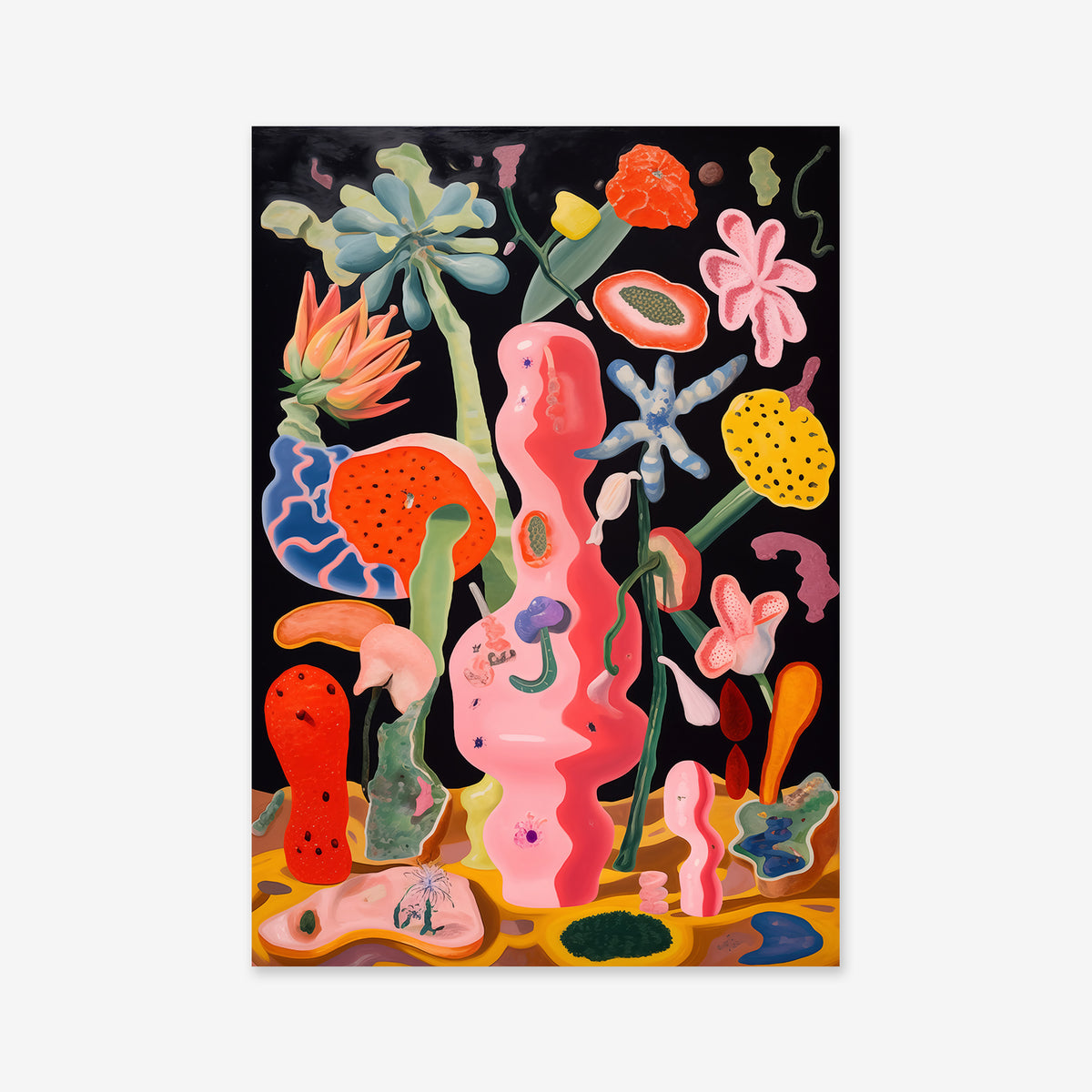 Plantorama madness No. 11 is a giclée art print featuring colorful, surreal plant-like shapes and organic forms on a black background—a whimsical, dreamlike botanical scene ideal for modern interior decor.